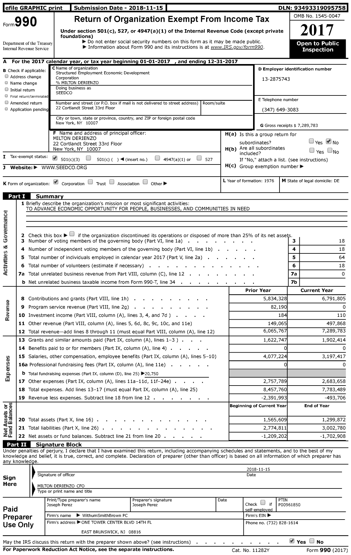 Image of first page of 2017 Form 990 for Structured Employment Economic Development Corporation (SEEDCO)