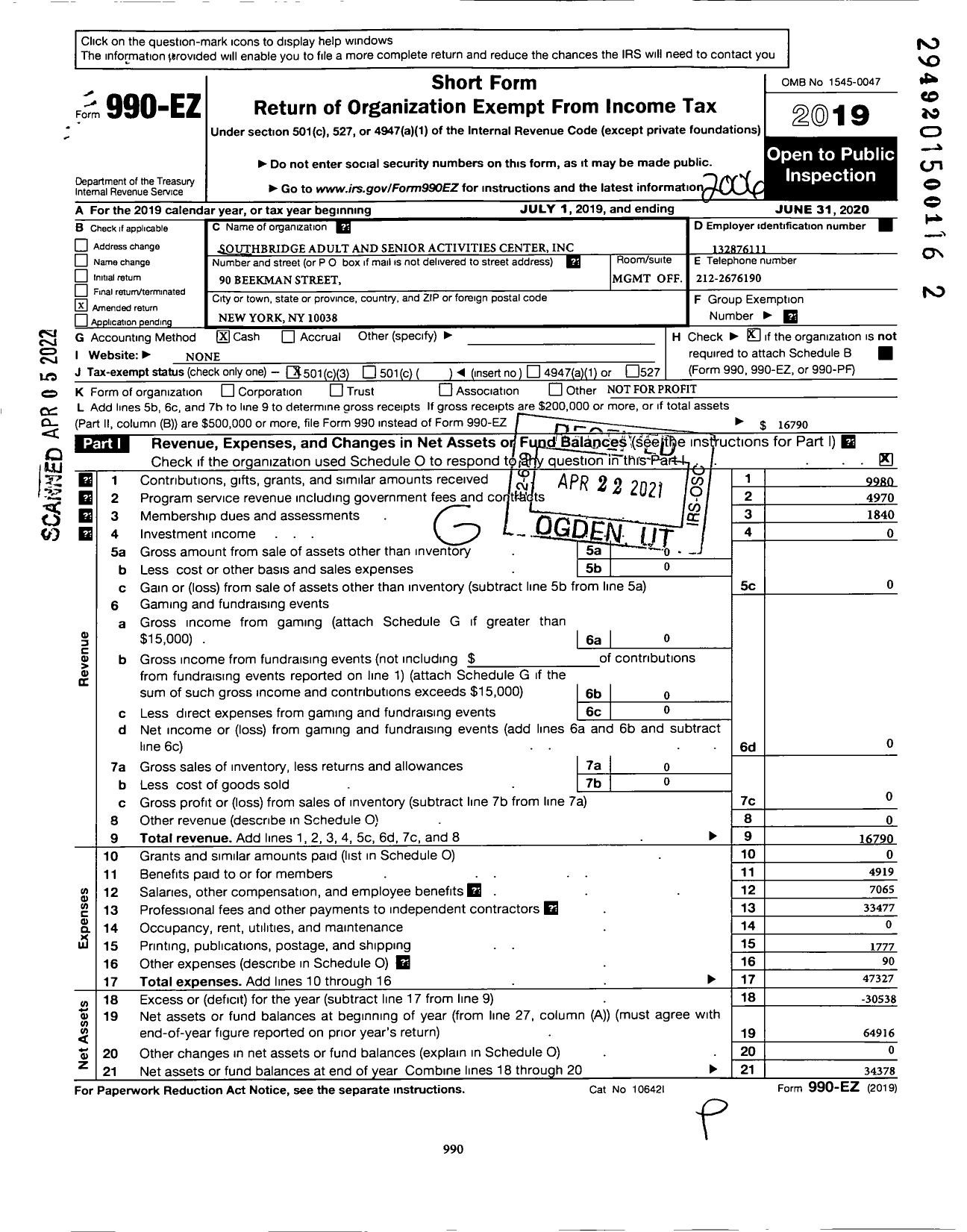 Image of first page of 2019 Form 990EZ for Southbridge Bridge Adult and Senior Citizen Activities Center