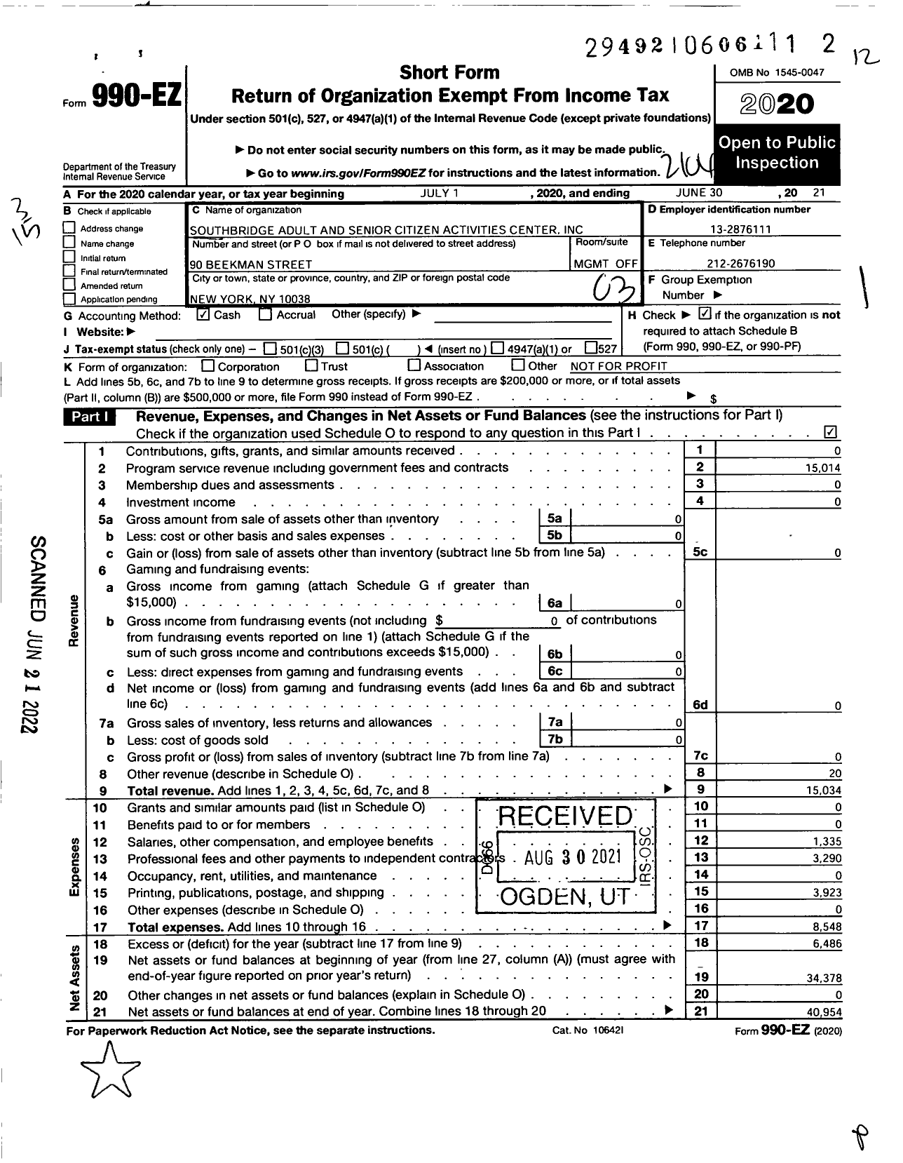 Image of first page of 2020 Form 990EZ for Southbridge Bridge Adult and Senior Citizen Activities Center