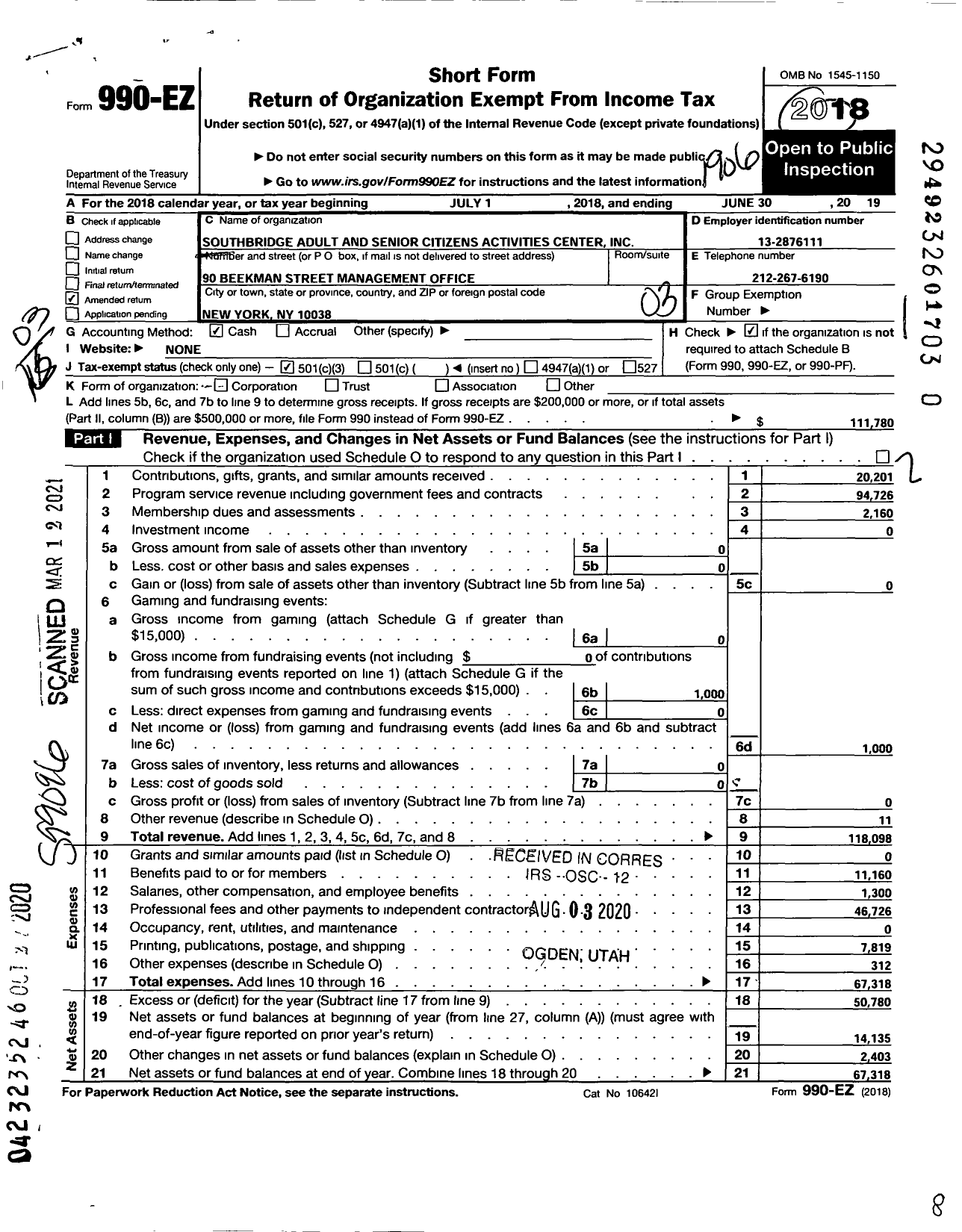 Image of first page of 2018 Form 990EZ for Southbridge Bridge Adult and Senior Citizen Activities Center