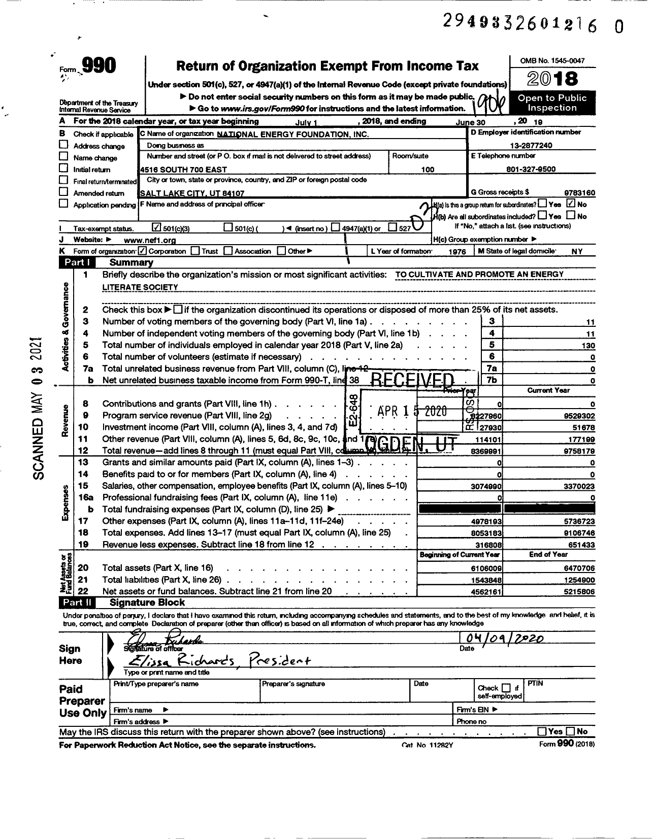 Image of first page of 2018 Form 990 for National Energy Foundation
