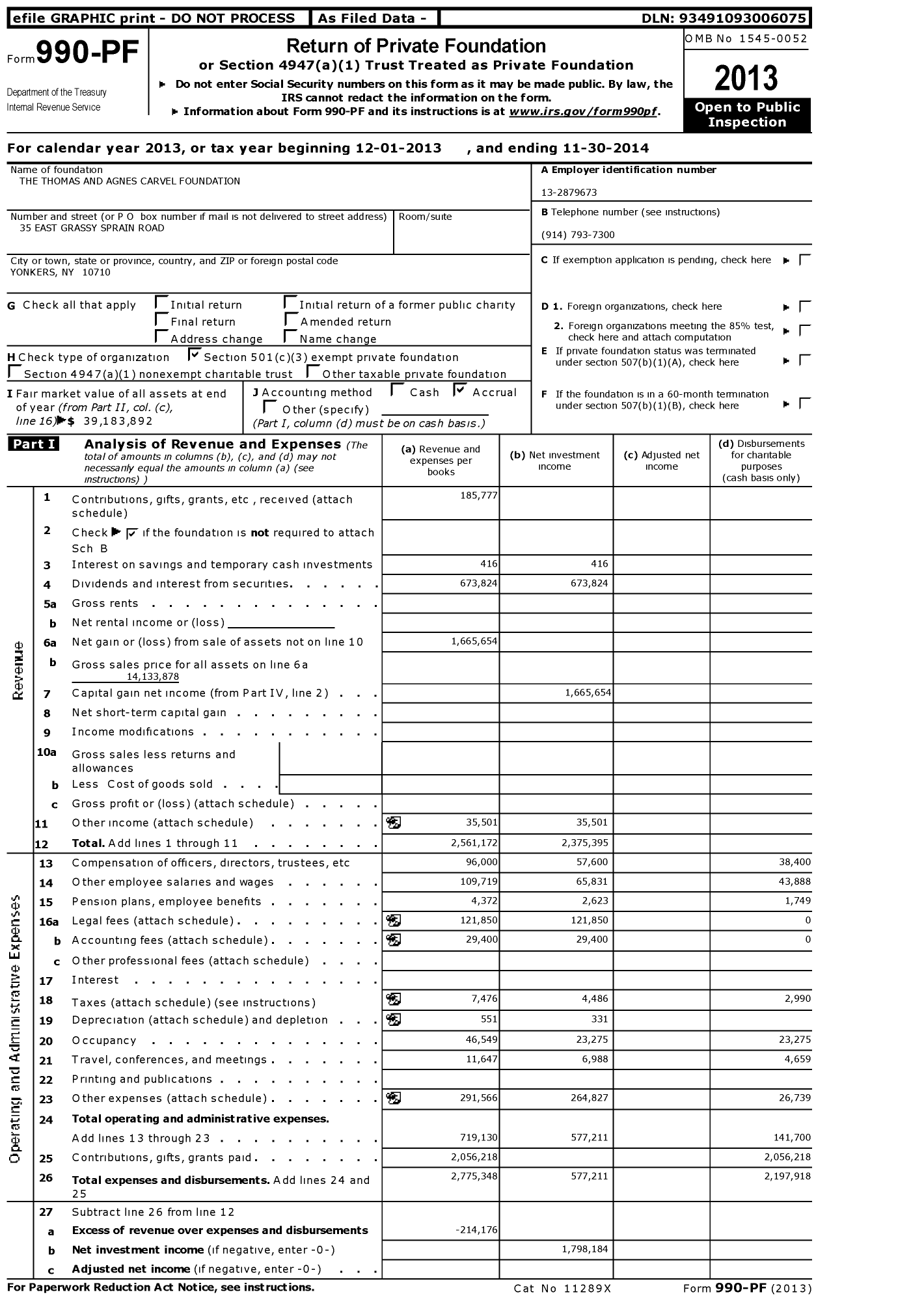 Image of first page of 2013 Form 990PF for Thomas and Agnes Carvel Foundation