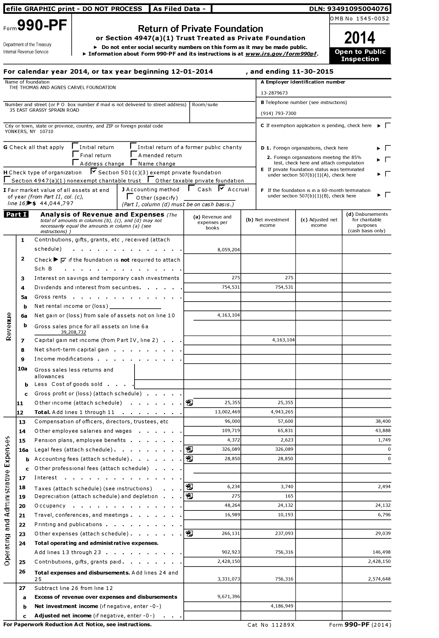 Image of first page of 2014 Form 990PF for Thomas and Agnes Carvel Foundation