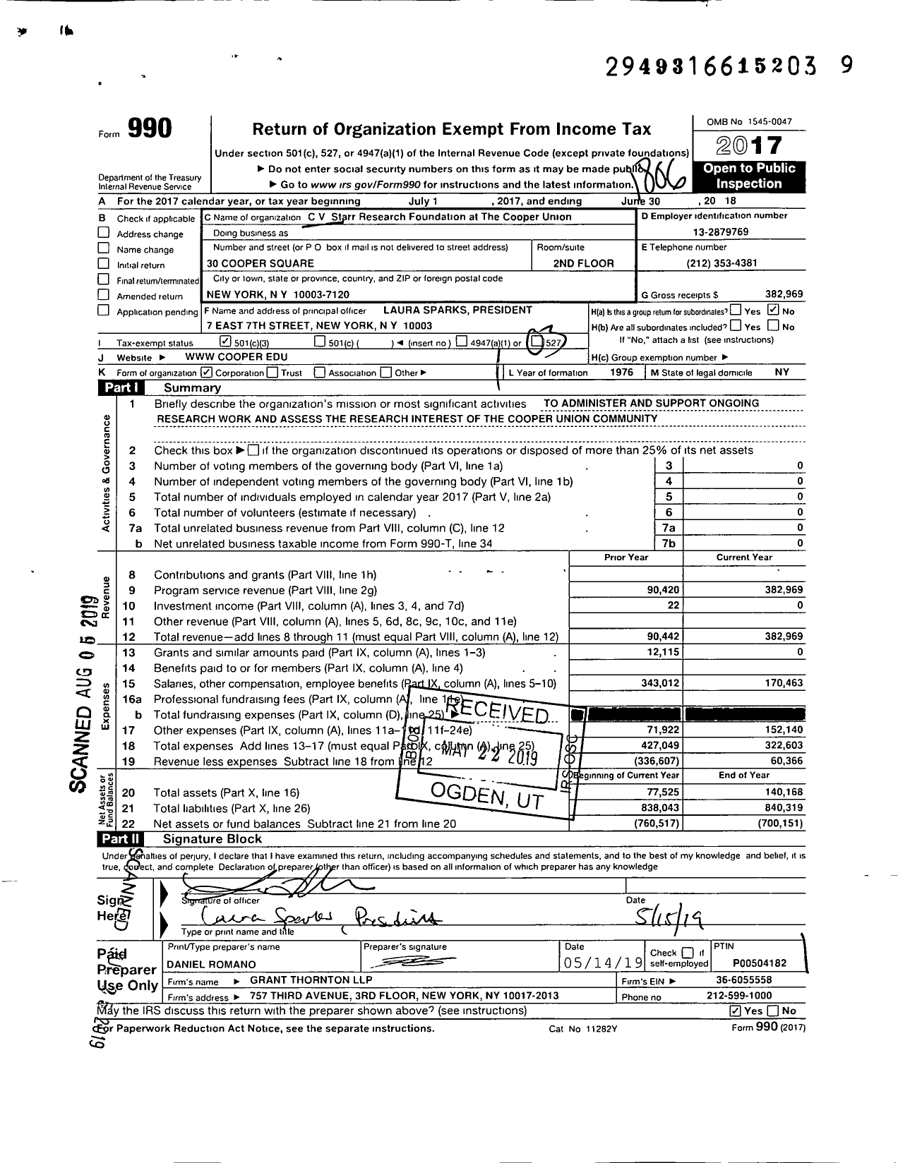 Image of first page of 2017 Form 990 for CV Starr Research Foundation at the Cooper Union