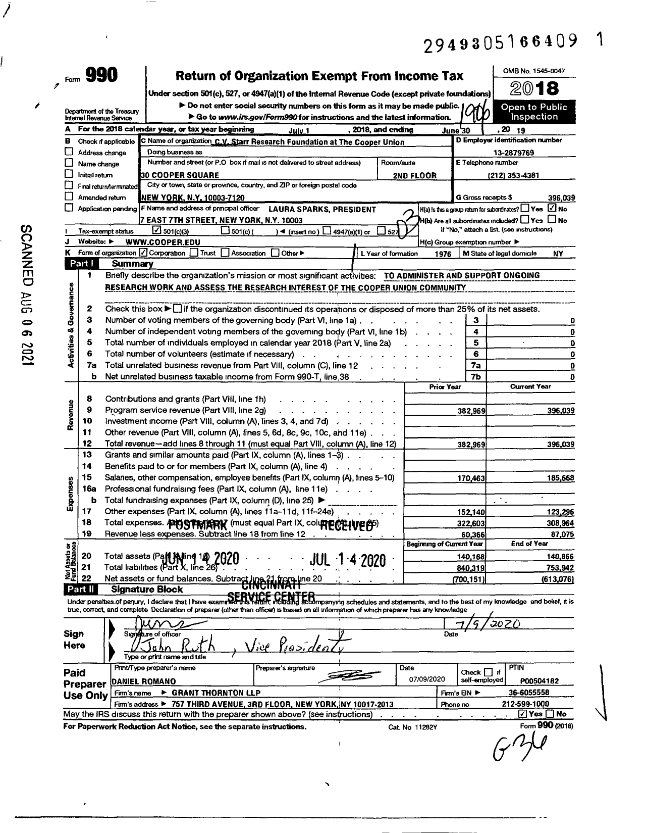 Image of first page of 2018 Form 990 for CV Starr Research Foundation at the Cooper Union