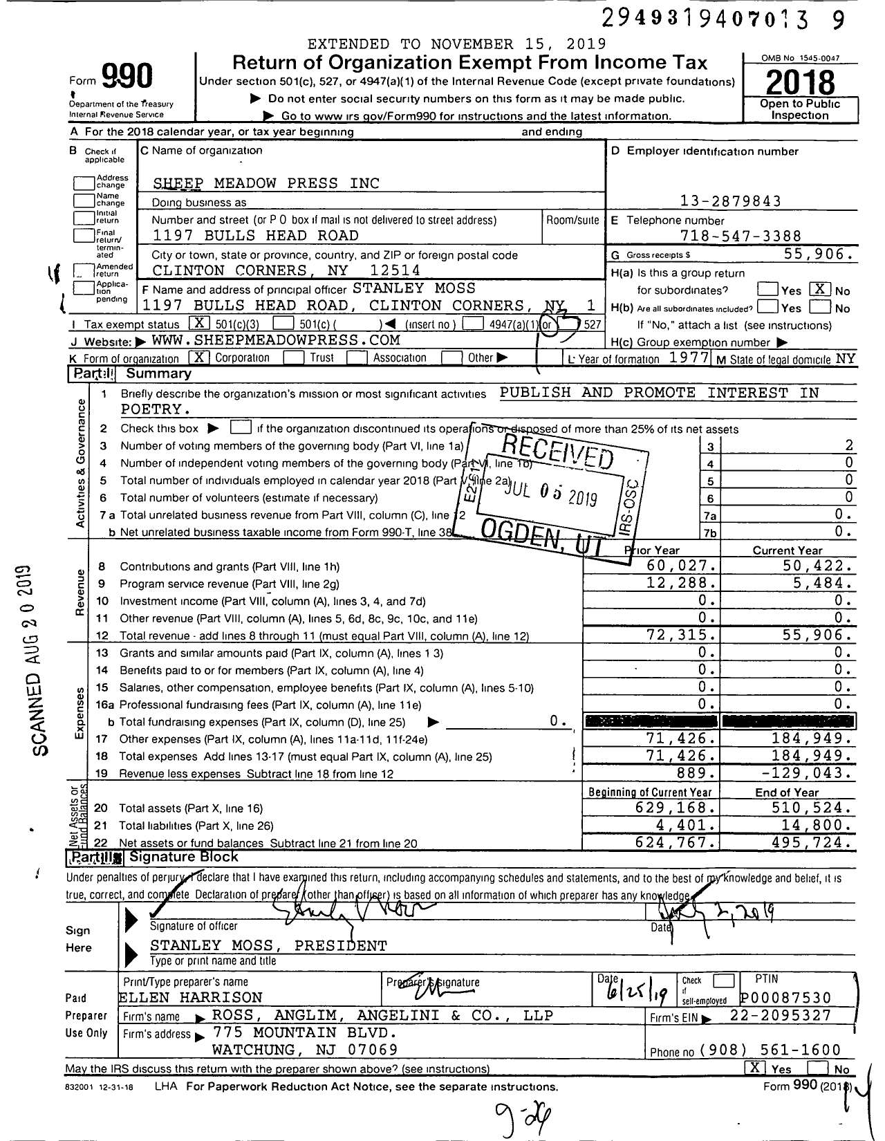 Image of first page of 2018 Form 990 for Sheep Meadow Press