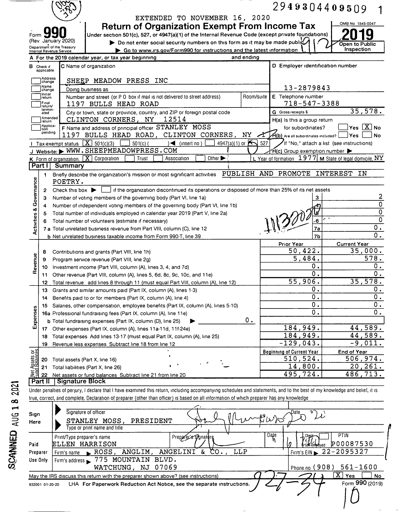 Image of first page of 2019 Form 990 for Sheep Meadow Press