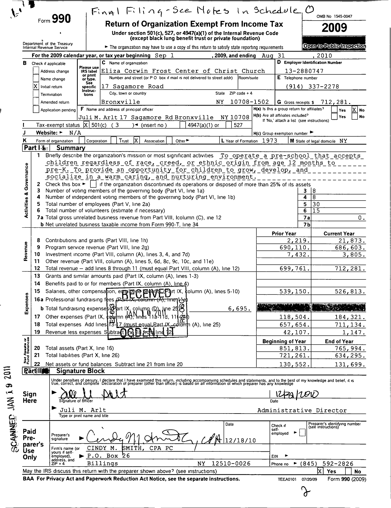 Image of first page of 2009 Form 990 for Eliza Corwin Frost Center of Christ Church