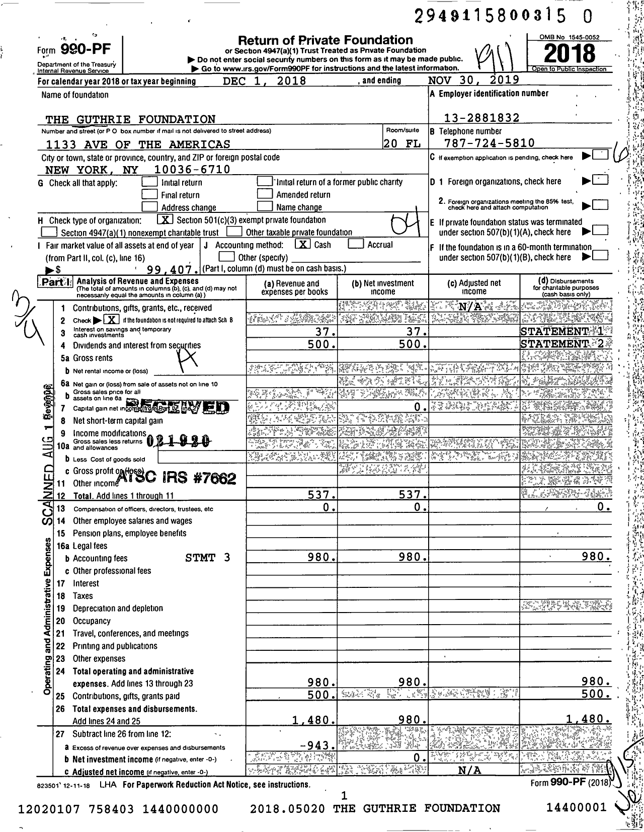 Image of first page of 2018 Form 990PR for The Guthrie Foundation