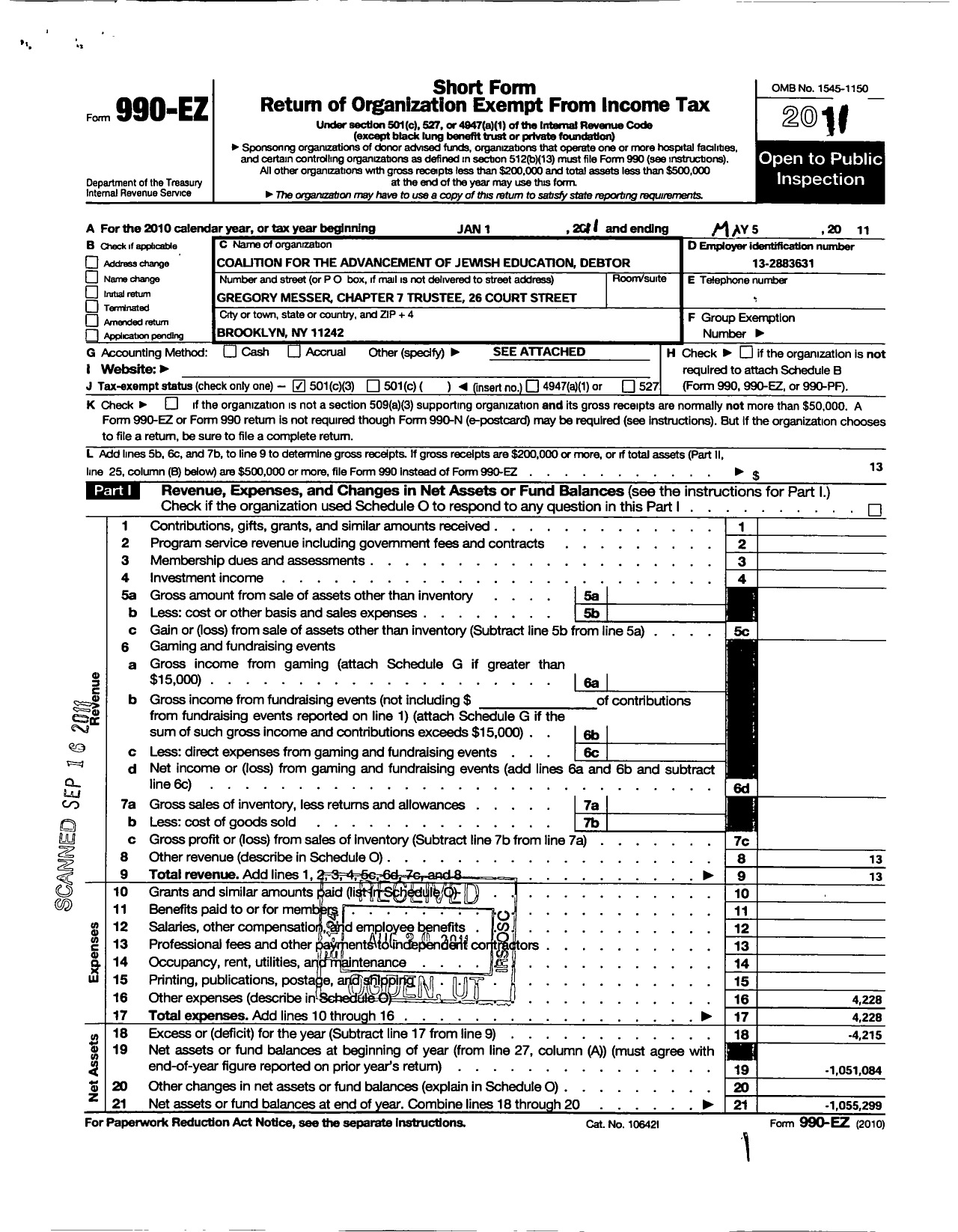 Image of first page of 2010 Form 990EZ for Coalition for the Advancement of Jewish Education Debtor