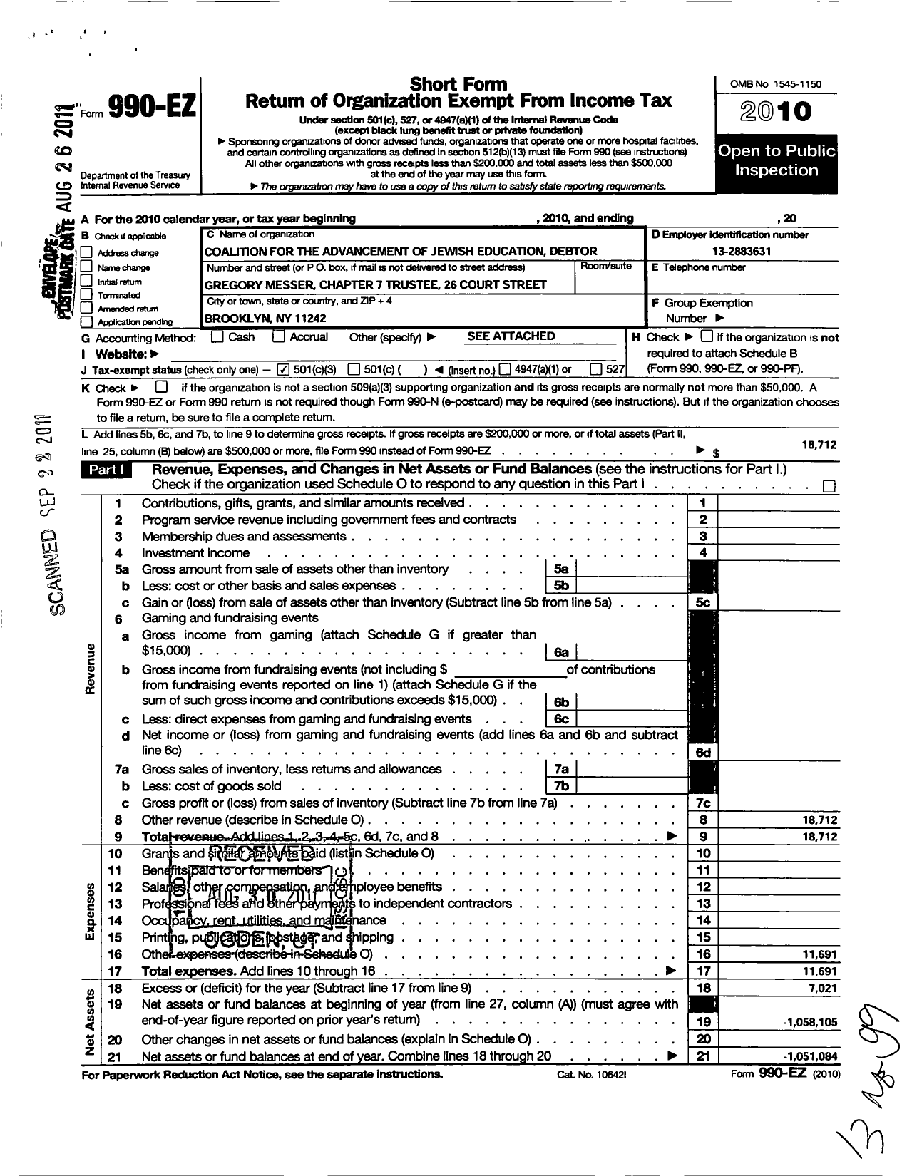 Image of first page of 2010 Form 990EZ for Coalition for the Advancement of Jewish Education Debtor