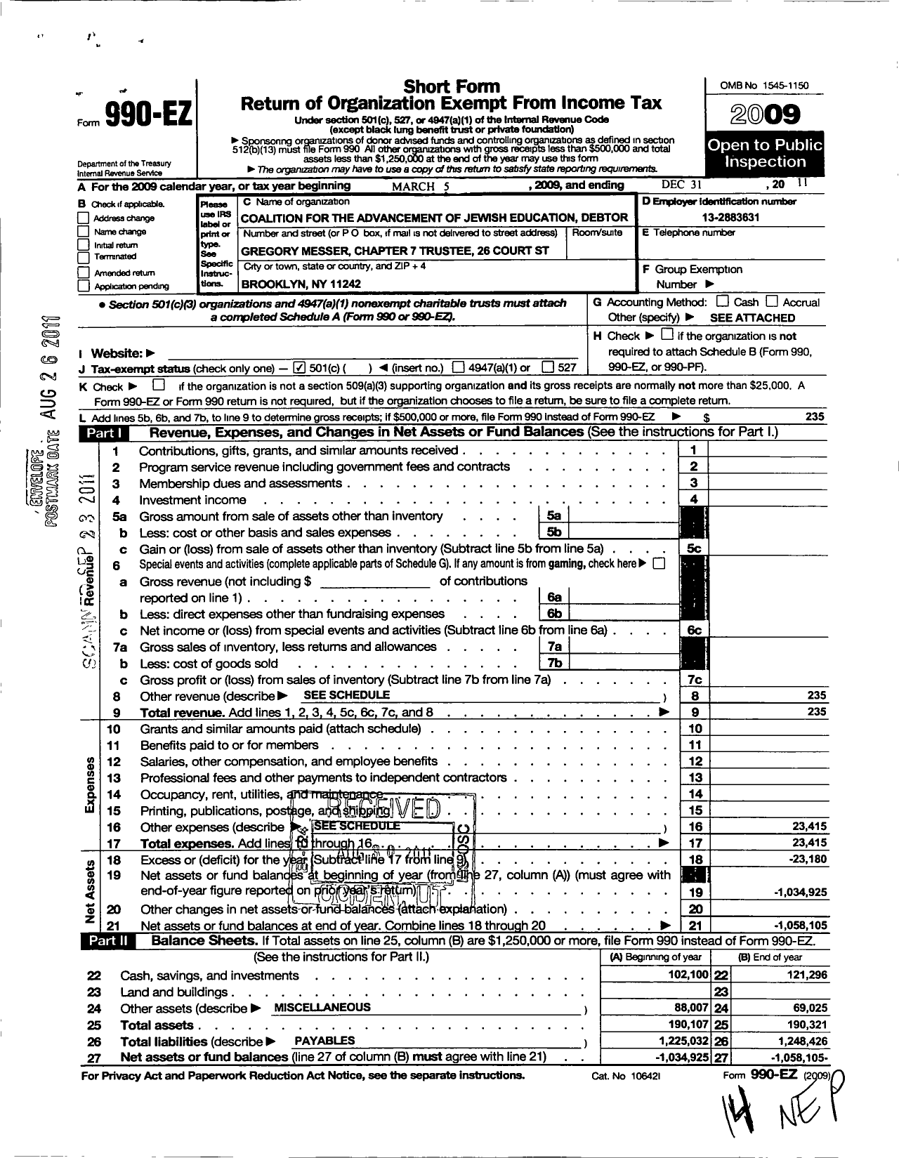 Image of first page of 2011 Form 990EO for Coalition for the Advancement of Jewish Education Debtor