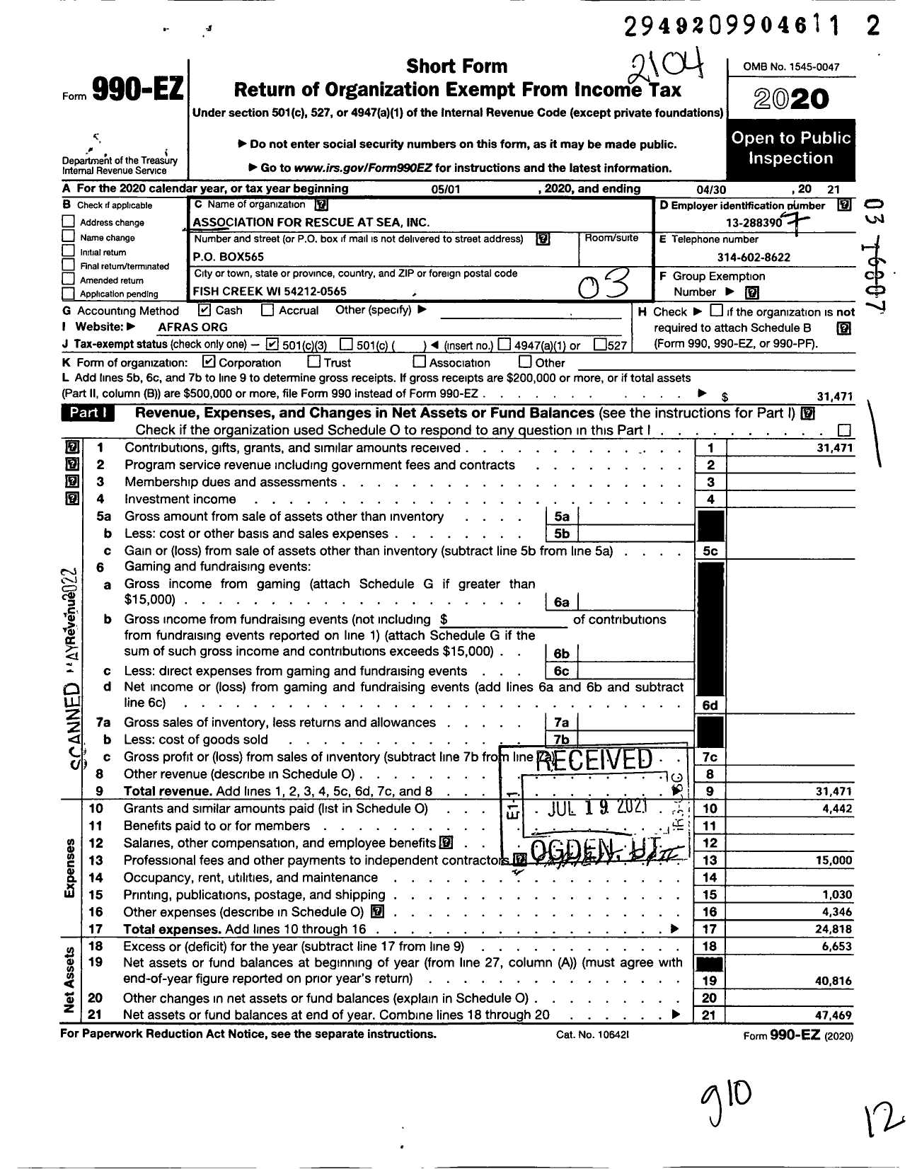 Image of first page of 2020 Form 990EZ for Association for Rescue at Sea