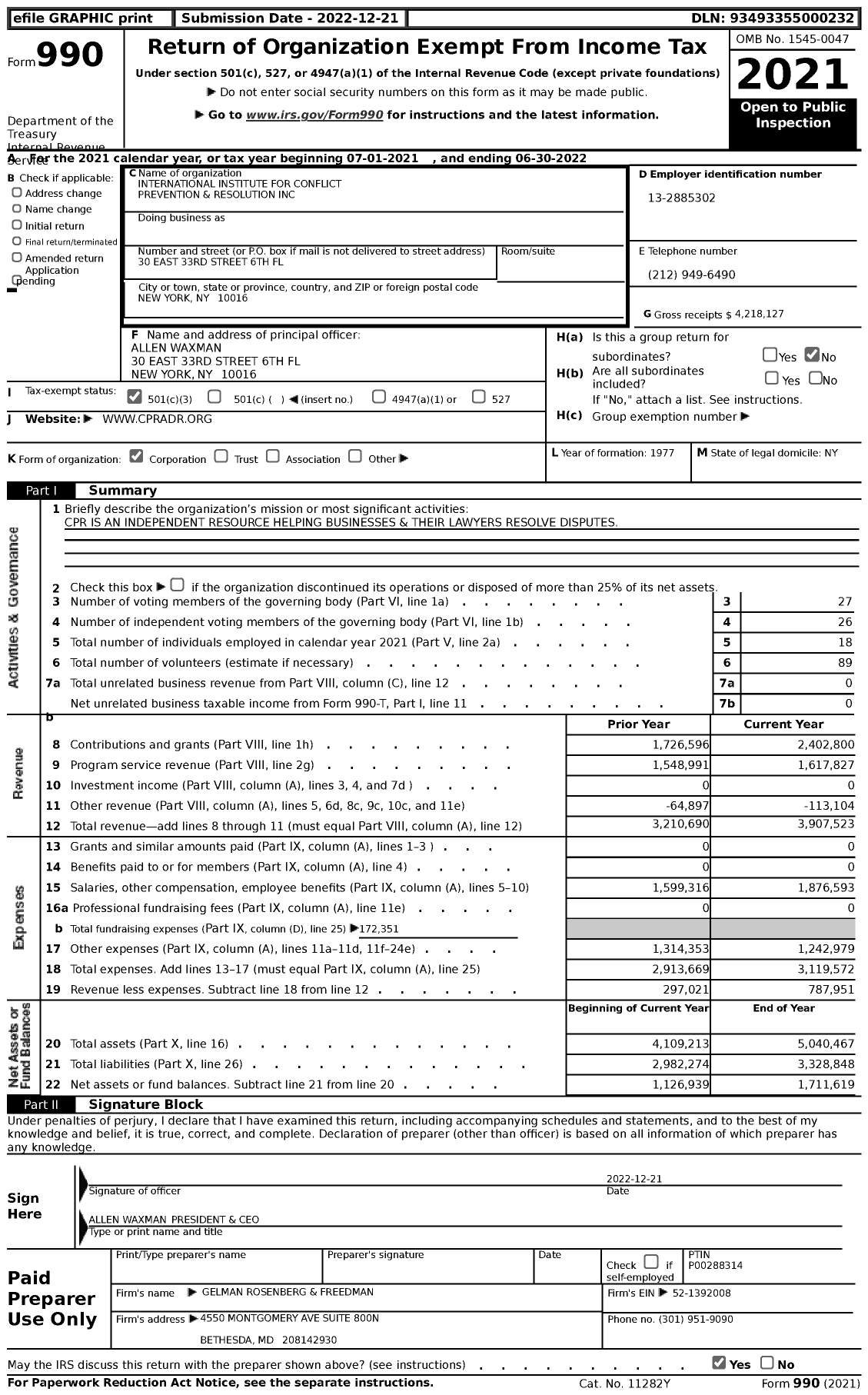 Image of first page of 2021 Form 990 for International Institute for Conflict Prevention & Resolution (CPR)