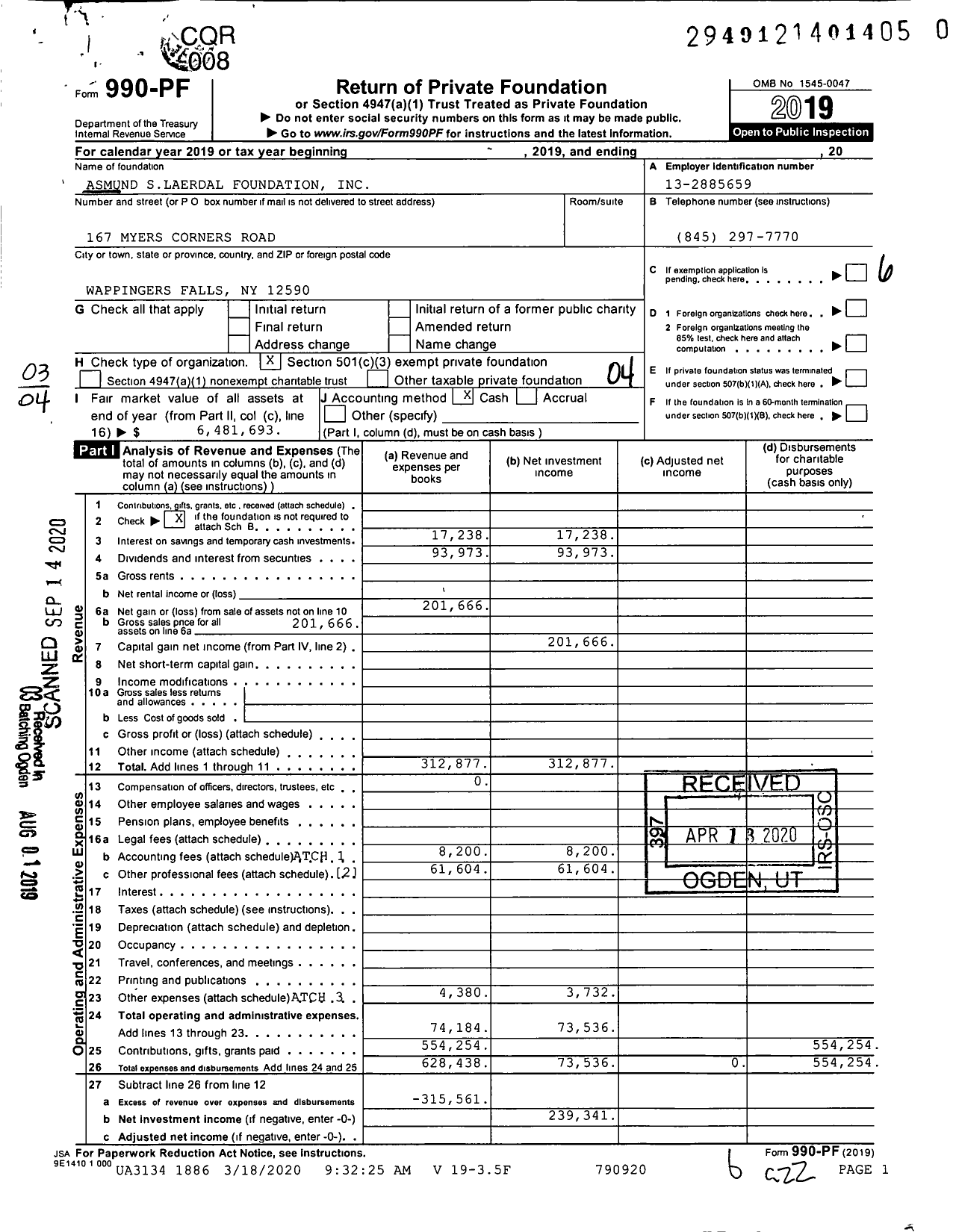 Image of first page of 2019 Form 990PR for Asmund Slaedral Foundation