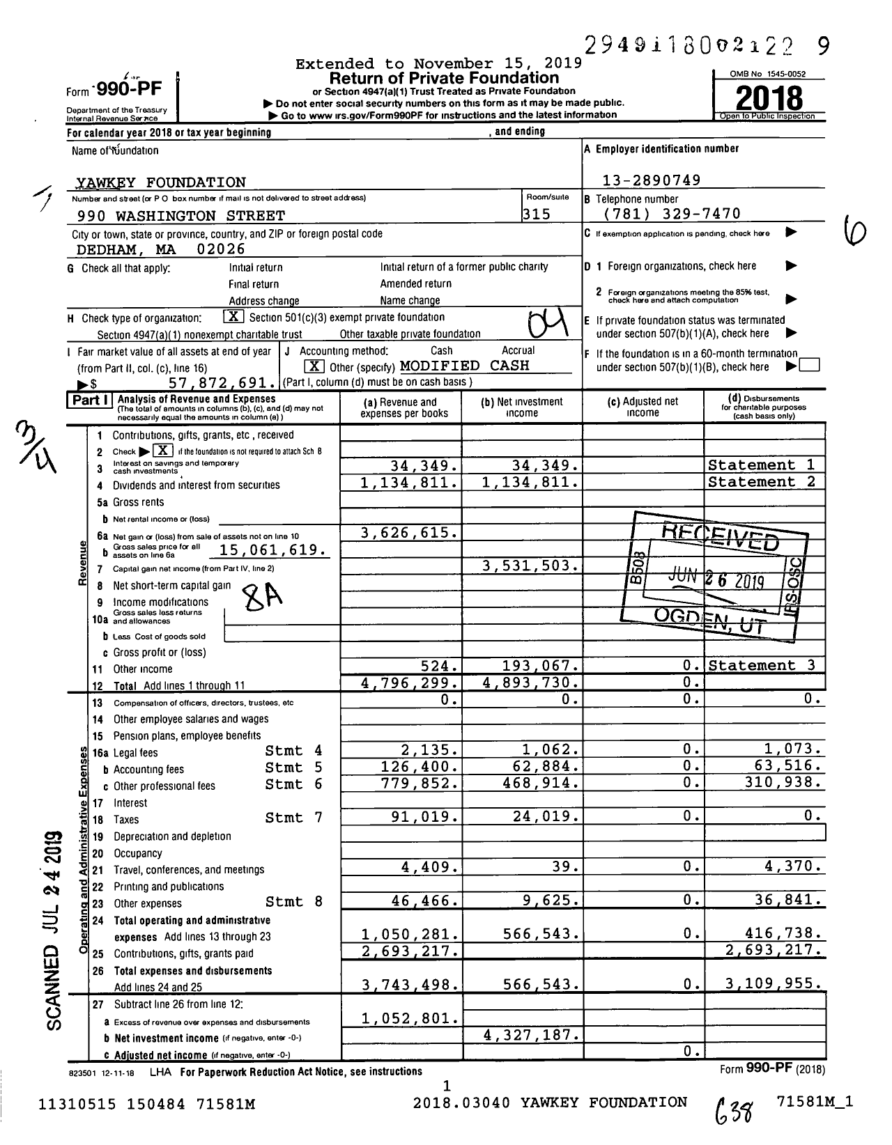 Image of first page of 2018 Form 990PF for Yawkey Foundation