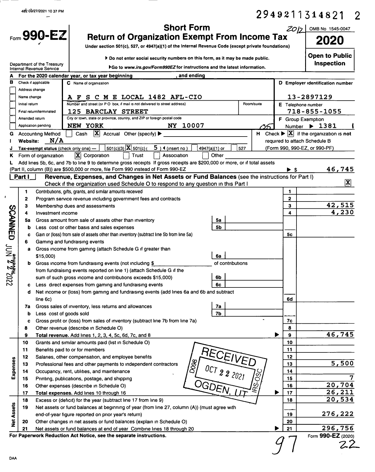 Image of first page of 2020 Form 990EO for American Federation of State County & Municipal Employees - L1482ny Brooklyn Ny Library Guild