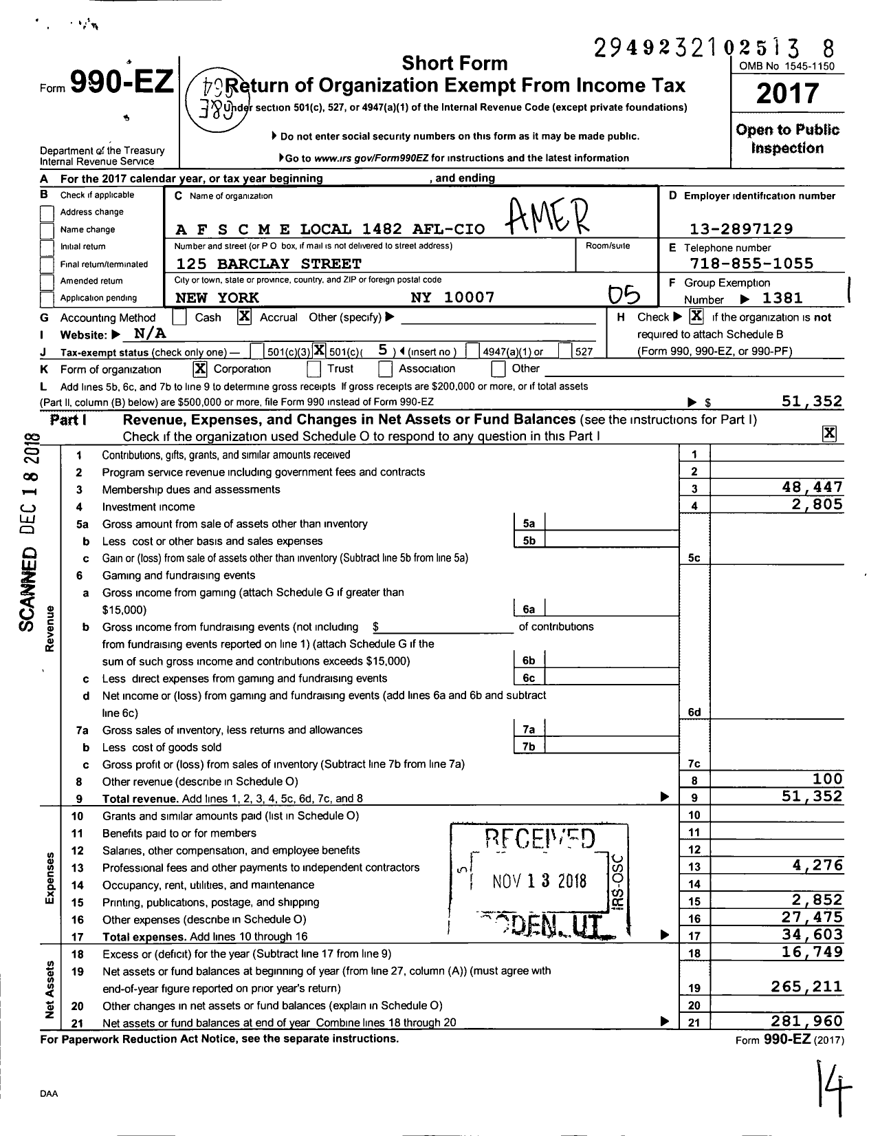 Image of first page of 2017 Form 990EO for American Federation of State County & Municipal Employees - L1482ny Brooklyn Ny Library Guild