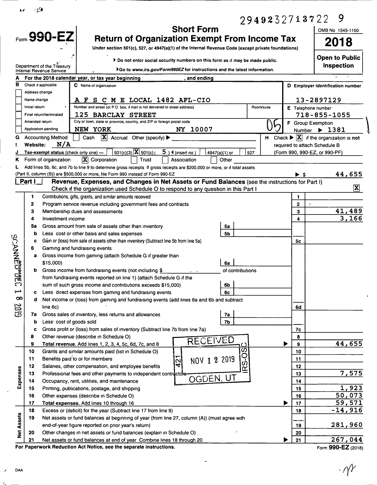 Image of first page of 2018 Form 990EO for American Federation of State County & Municipal Employees - L1482ny Brooklyn Ny Library Guild