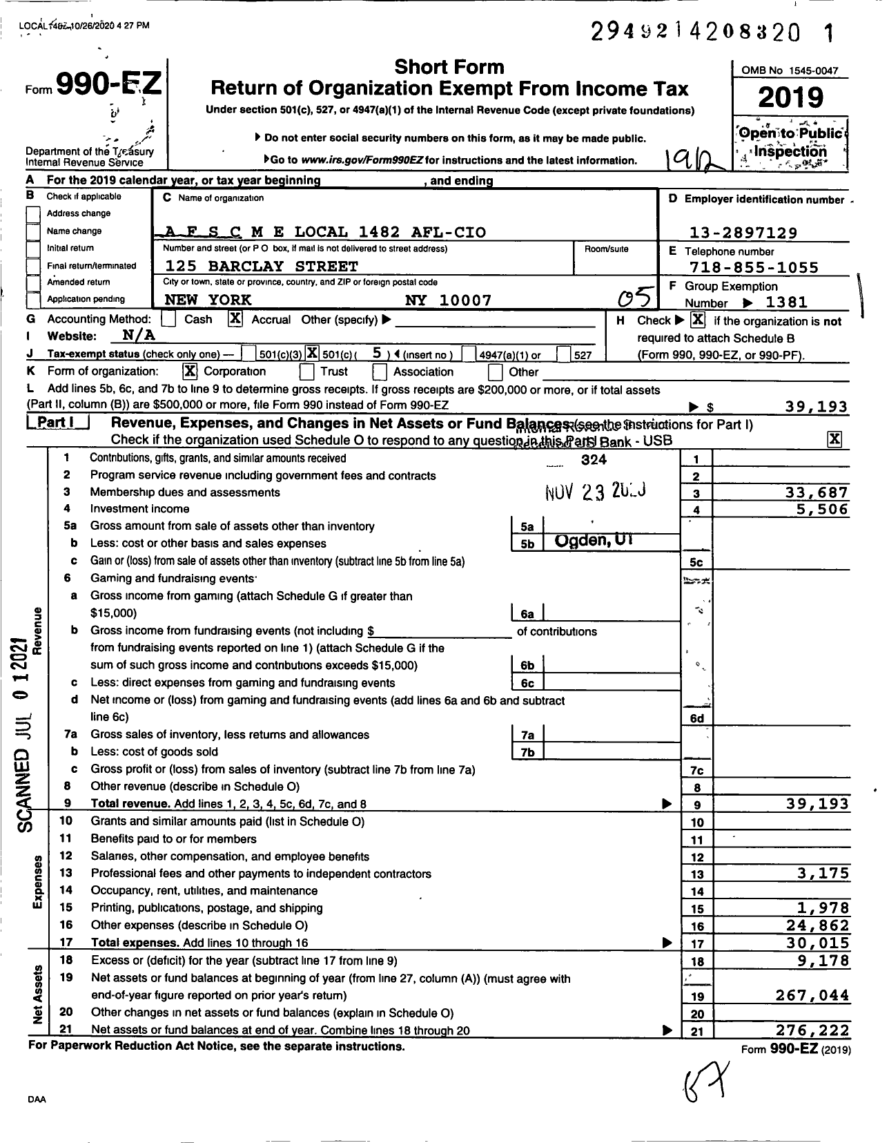 Image of first page of 2019 Form 990EO for American Federation of State County & Municipal Employees - L1482ny Brooklyn Ny Library Guild