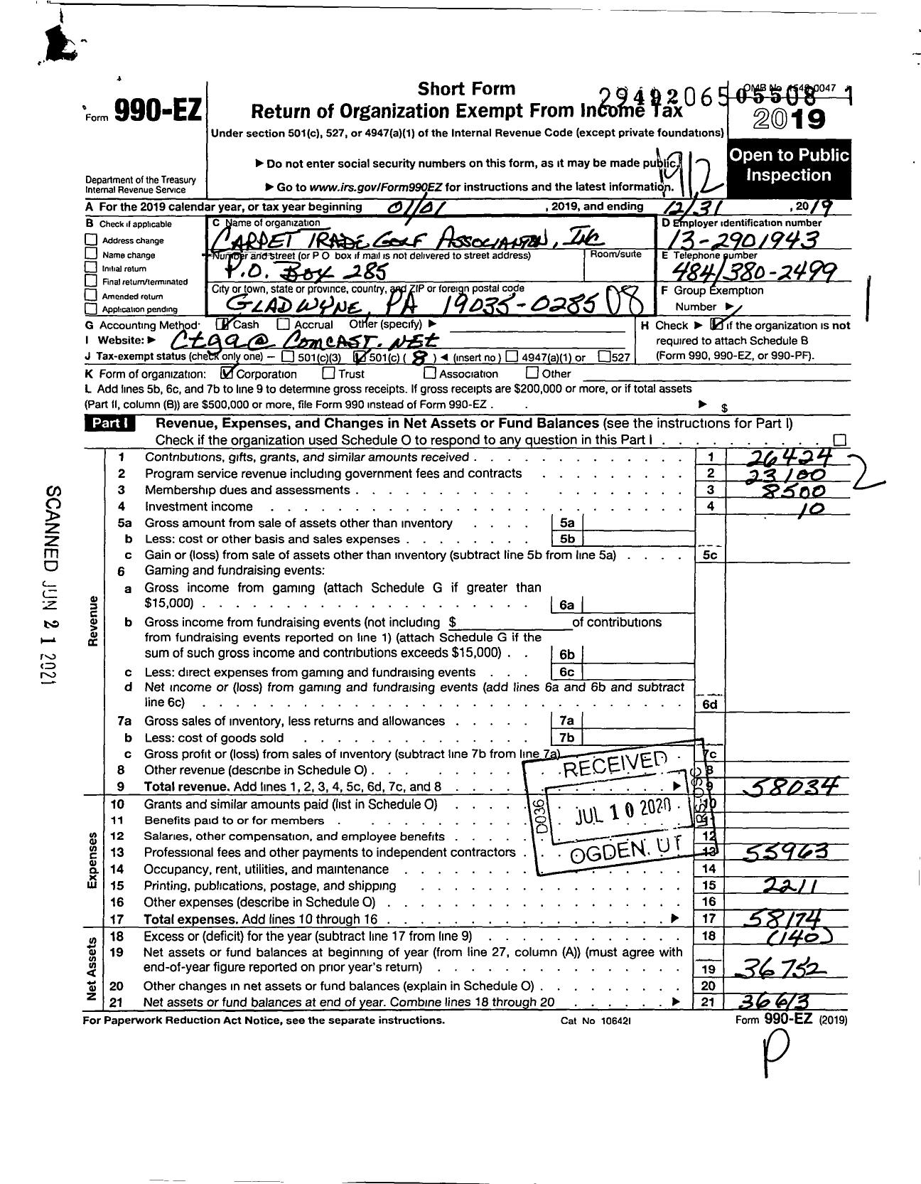 Image of first page of 2019 Form 990EO for Carpet Trade Golf Association