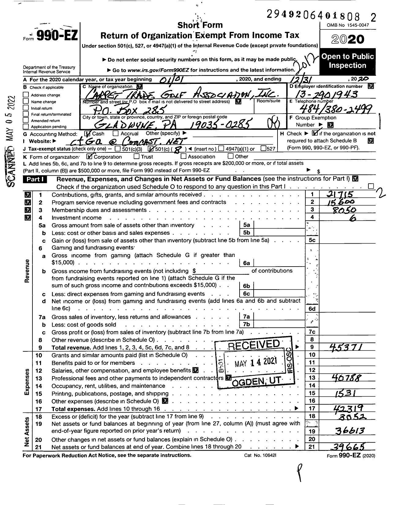 Image of first page of 2020 Form 990EO for Carpet Trade Golf Association