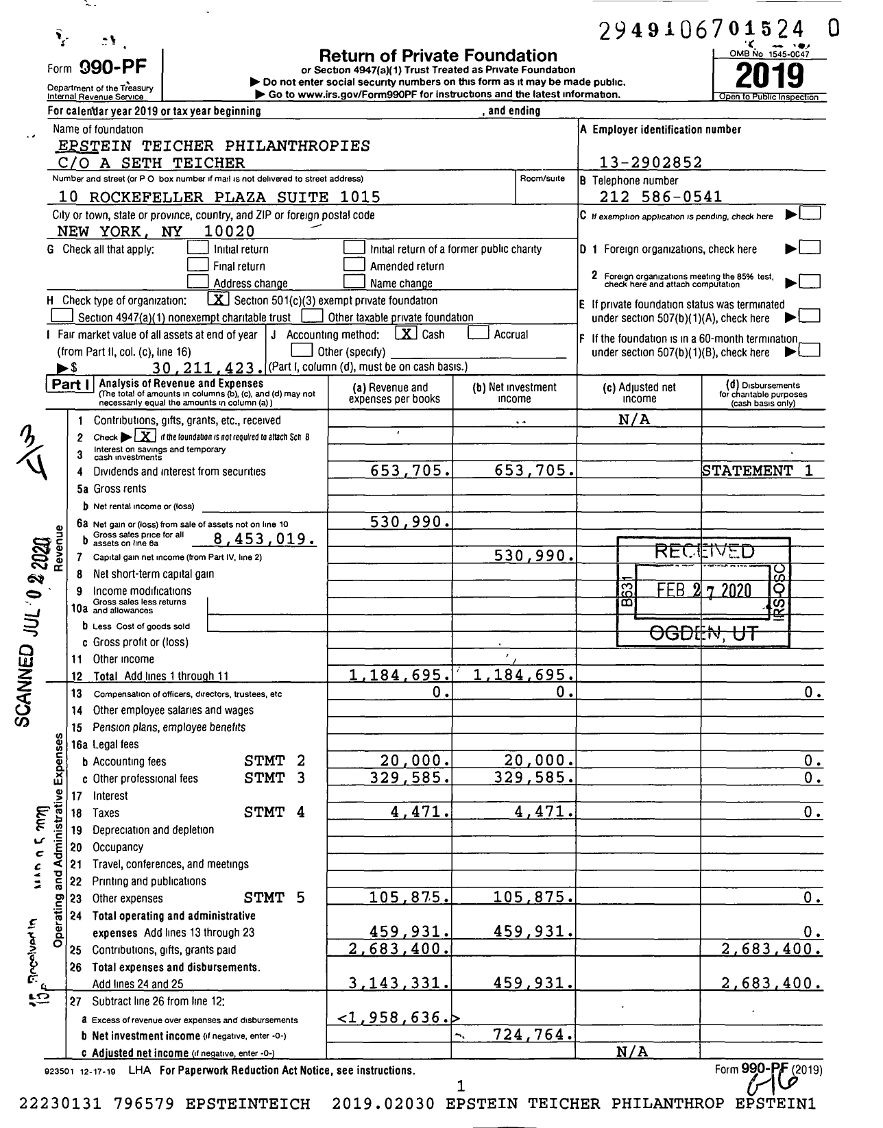 Image of first page of 2019 Form 990PR for Epstein Teicher Philanthropies