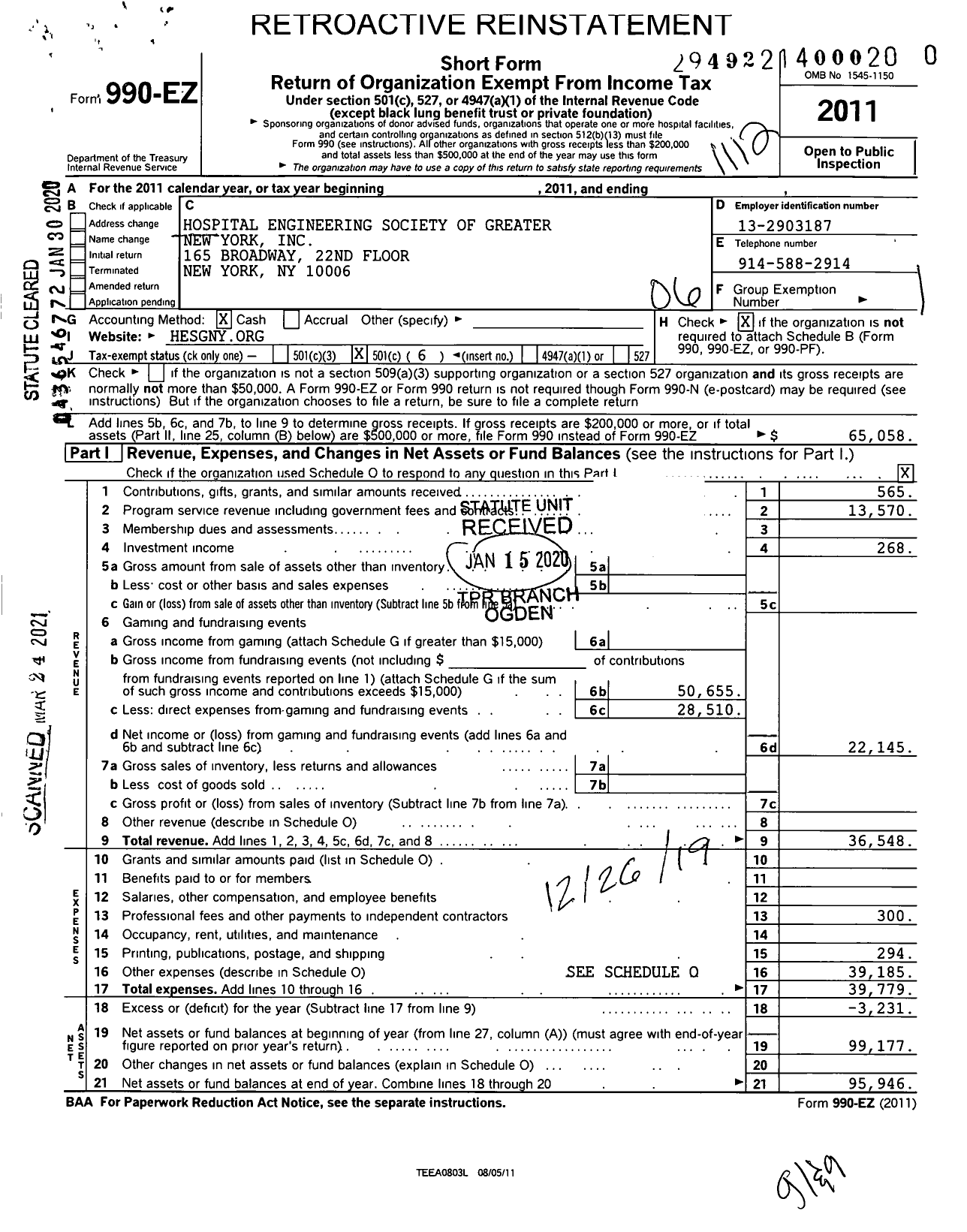 Image of first page of 2011 Form 990EO for Hospital Engineering Society of Greater New York