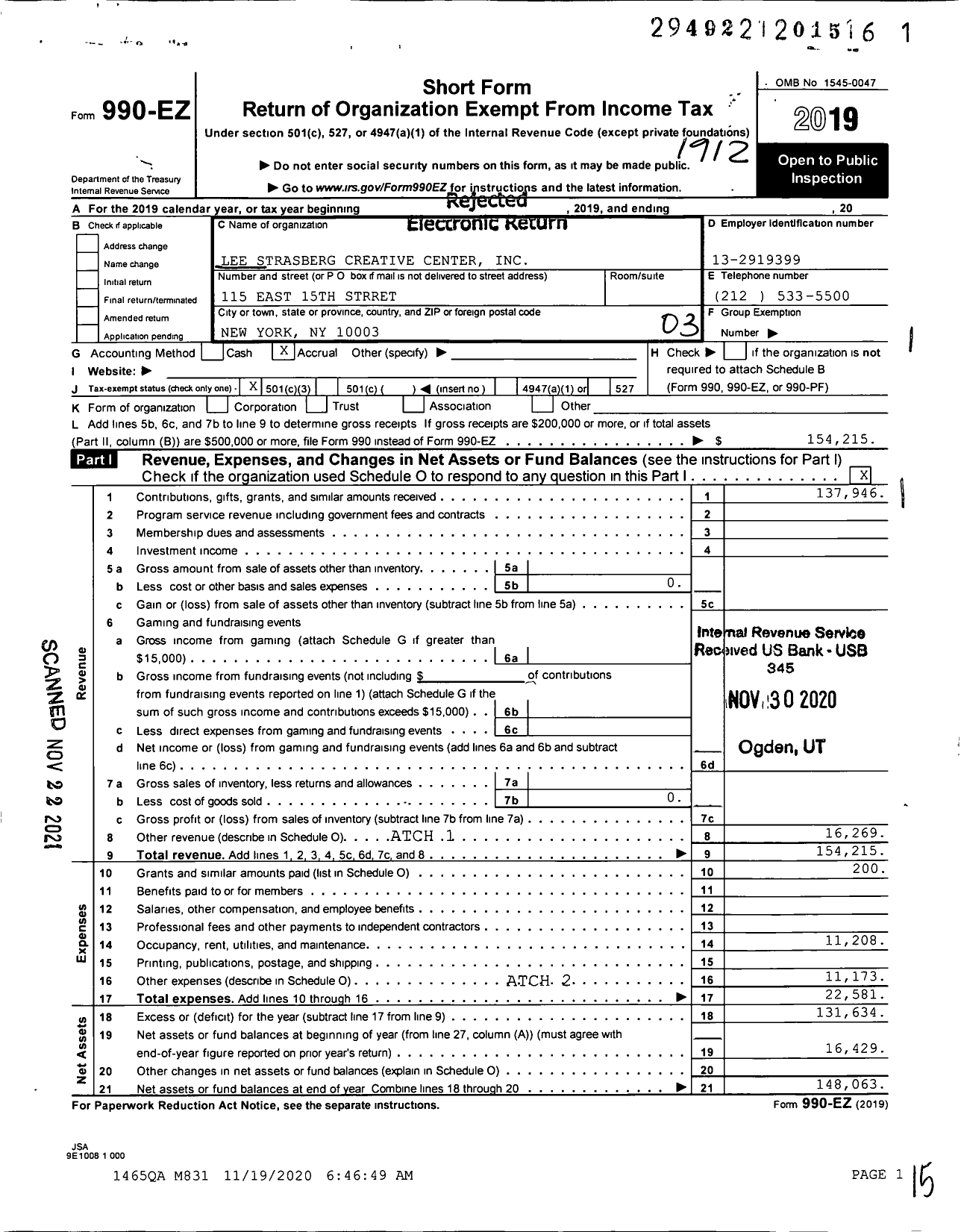 Image of first page of 2019 Form 990EZ for Lee Strasberg Creative Center