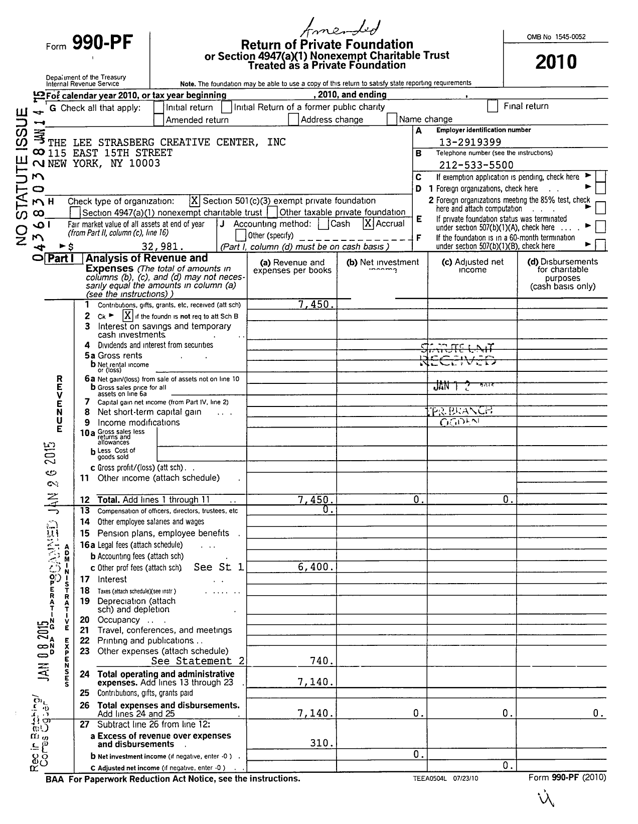 Image of first page of 2010 Form 990PF for Lee Strasberg Creative Center