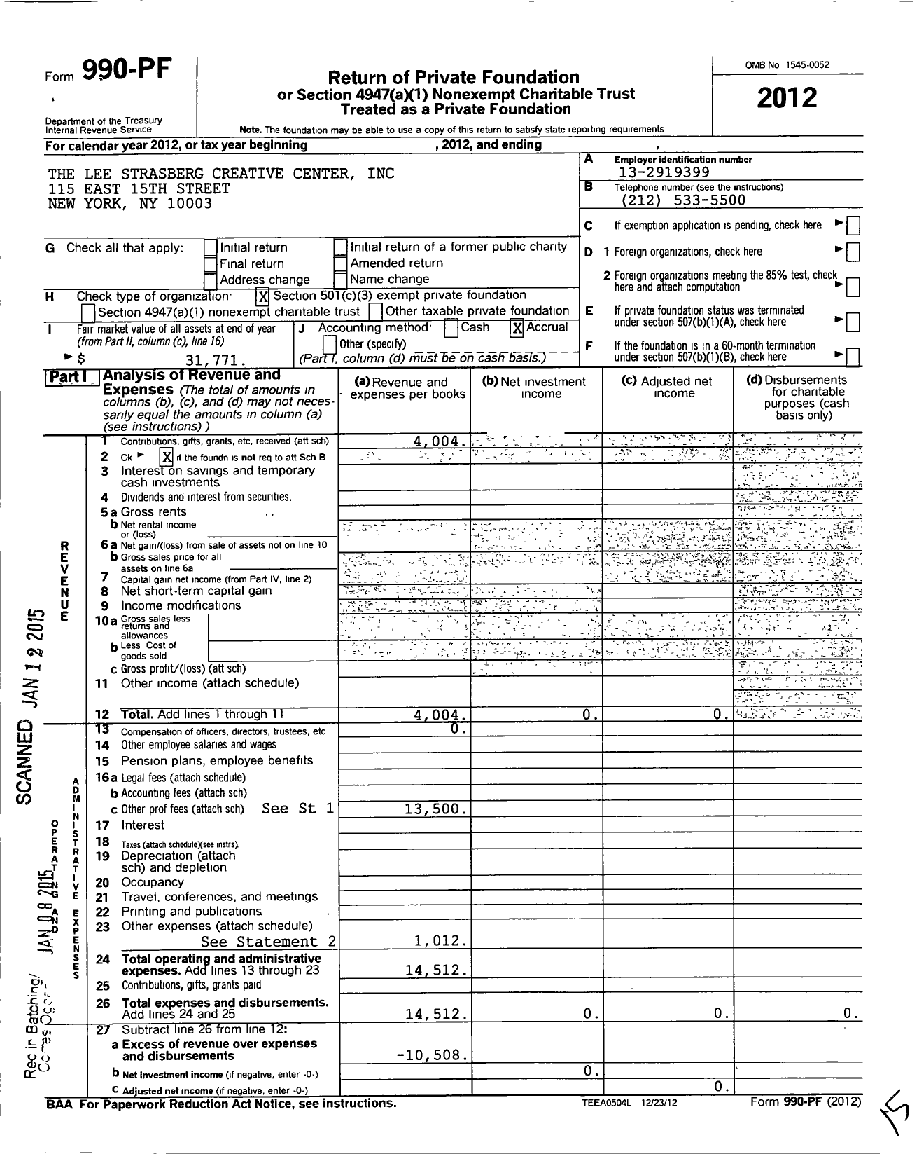 Image of first page of 2012 Form 990PF for Lee Strasberg Creative Center