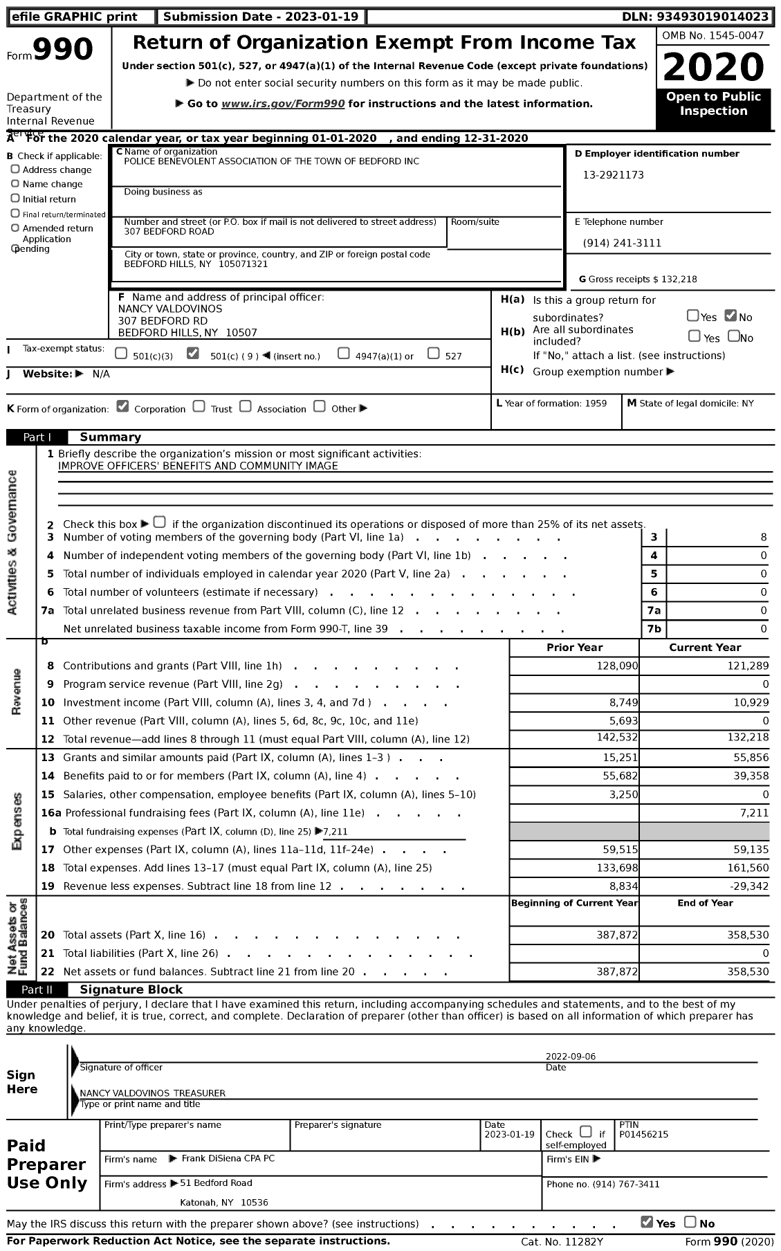 Image of first page of 2020 Form 990 for Police Benevolent Association of the Town of Bedford