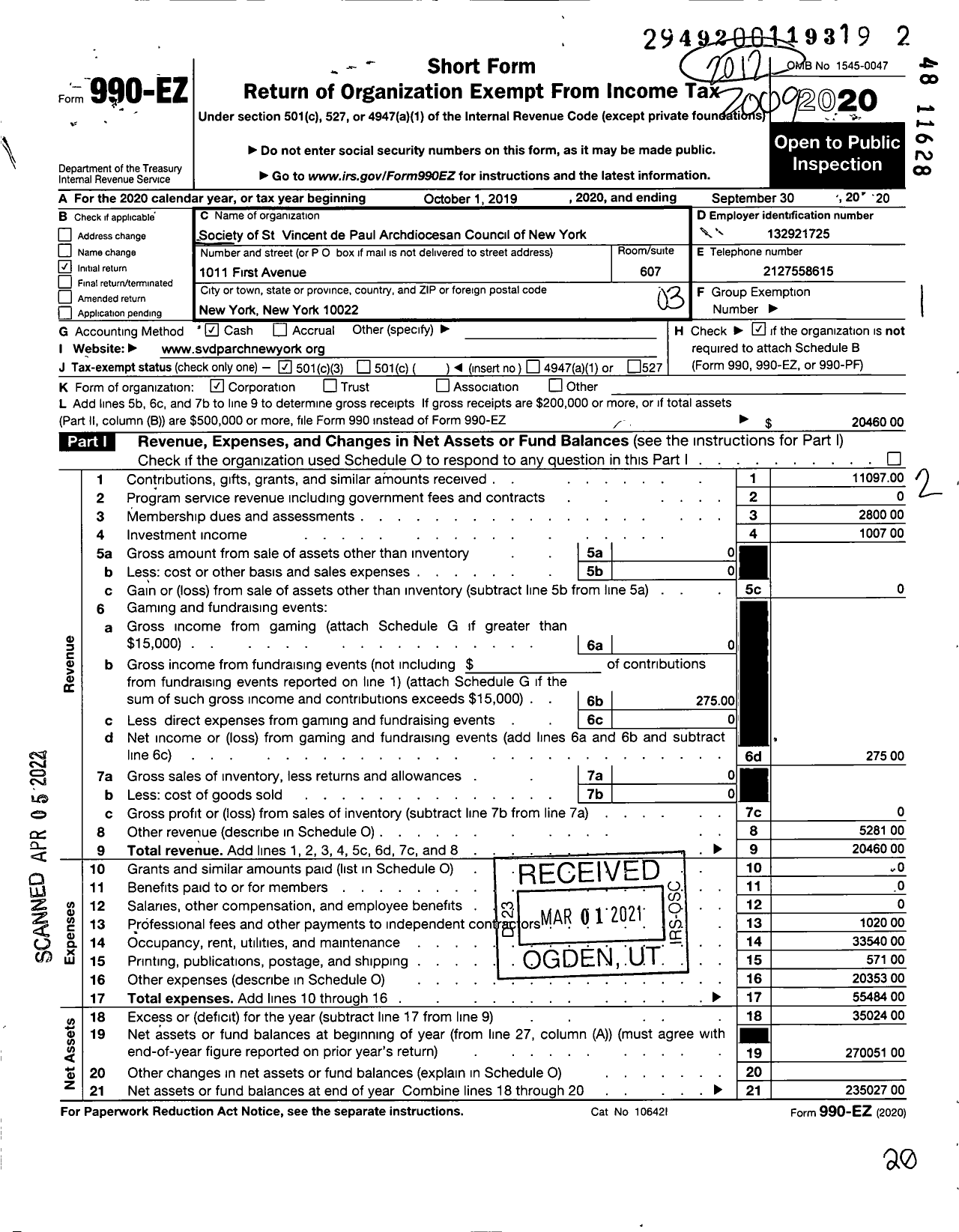 Image of first page of 2019 Form 990EZ for Society of St Vincent de Paul Archdiocese of New York