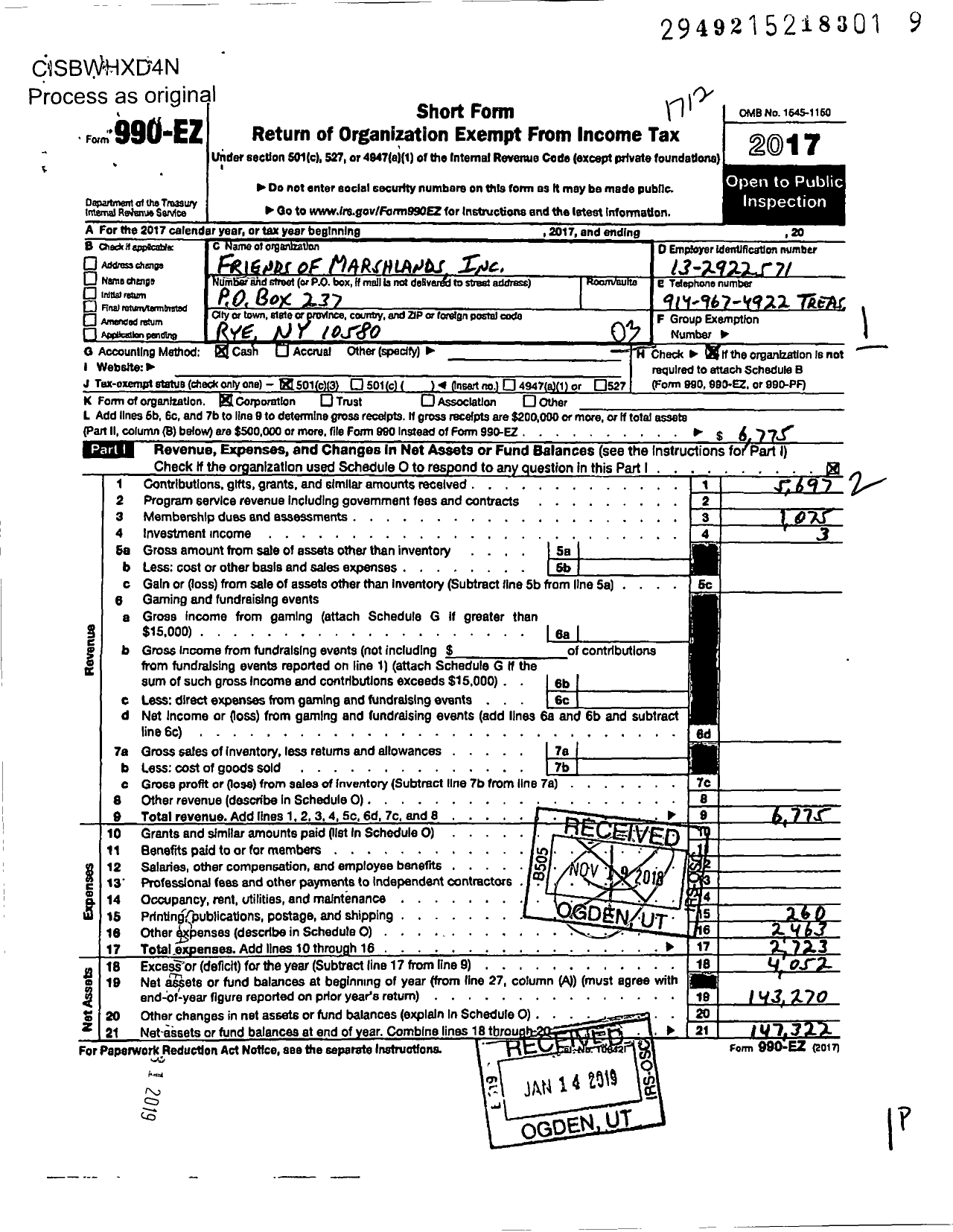 Image of first page of 2017 Form 990EZ for Friends of Marshlands