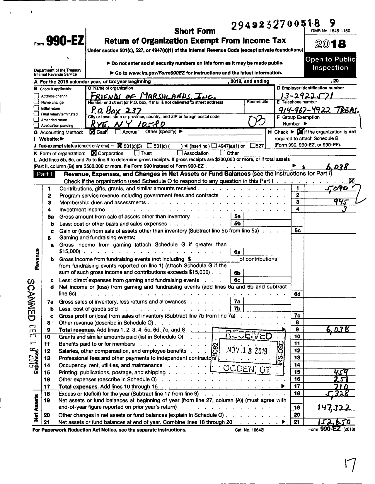 Image of first page of 2018 Form 990EZ for Friends of Marshlands