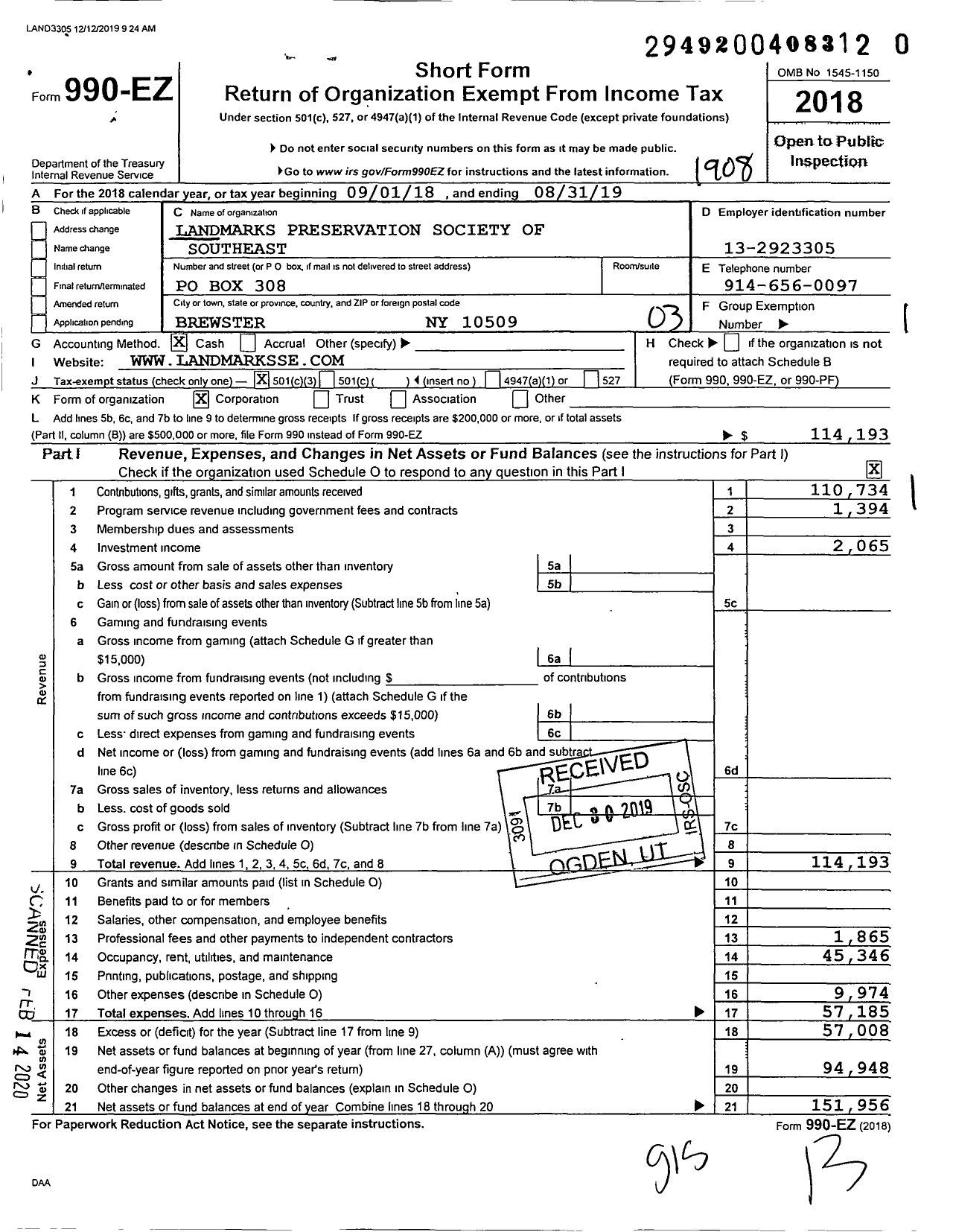 Image of first page of 2018 Form 990EZ for Landmarks Preservation Society of Southeast