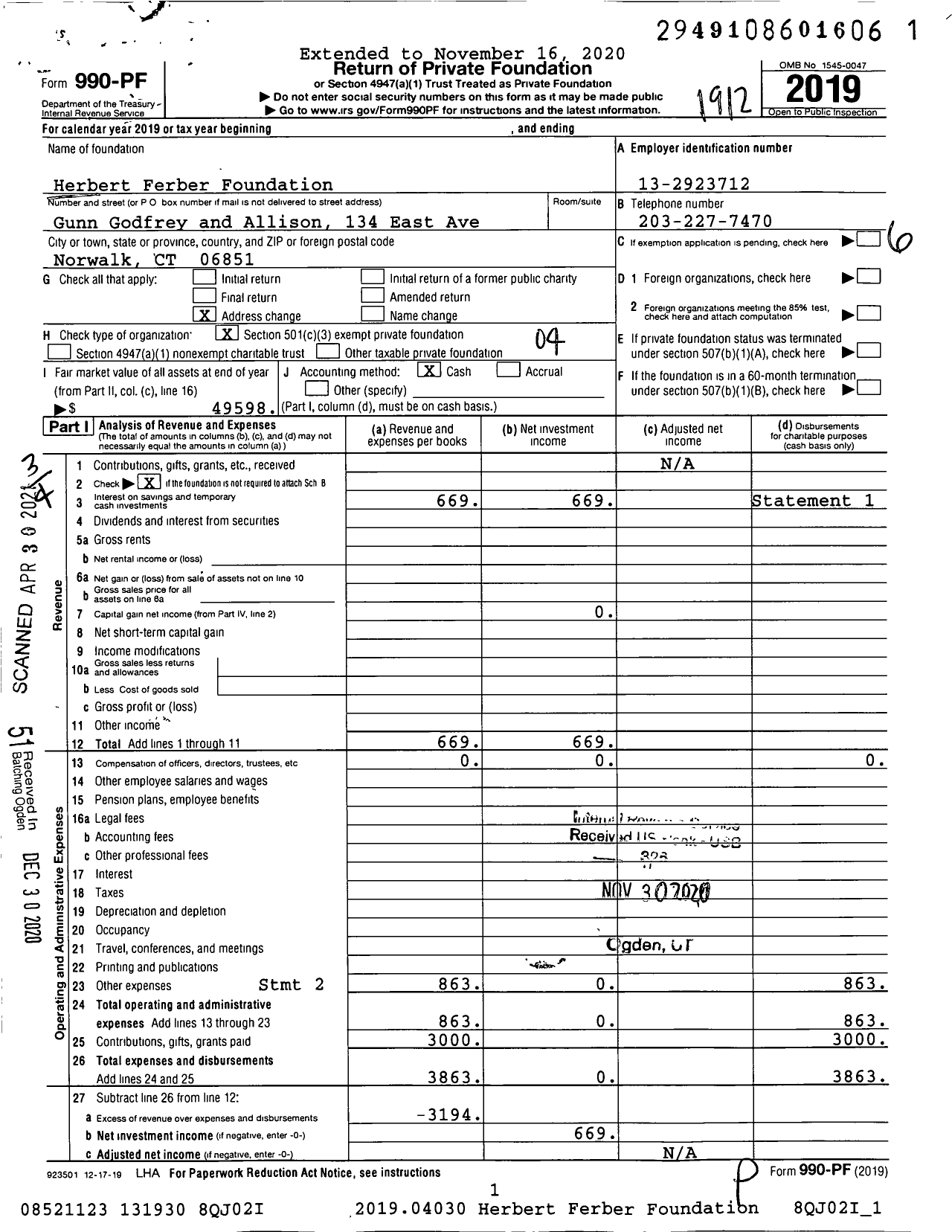 Image of first page of 2019 Form 990PF for The Herbert Ferber Foundation