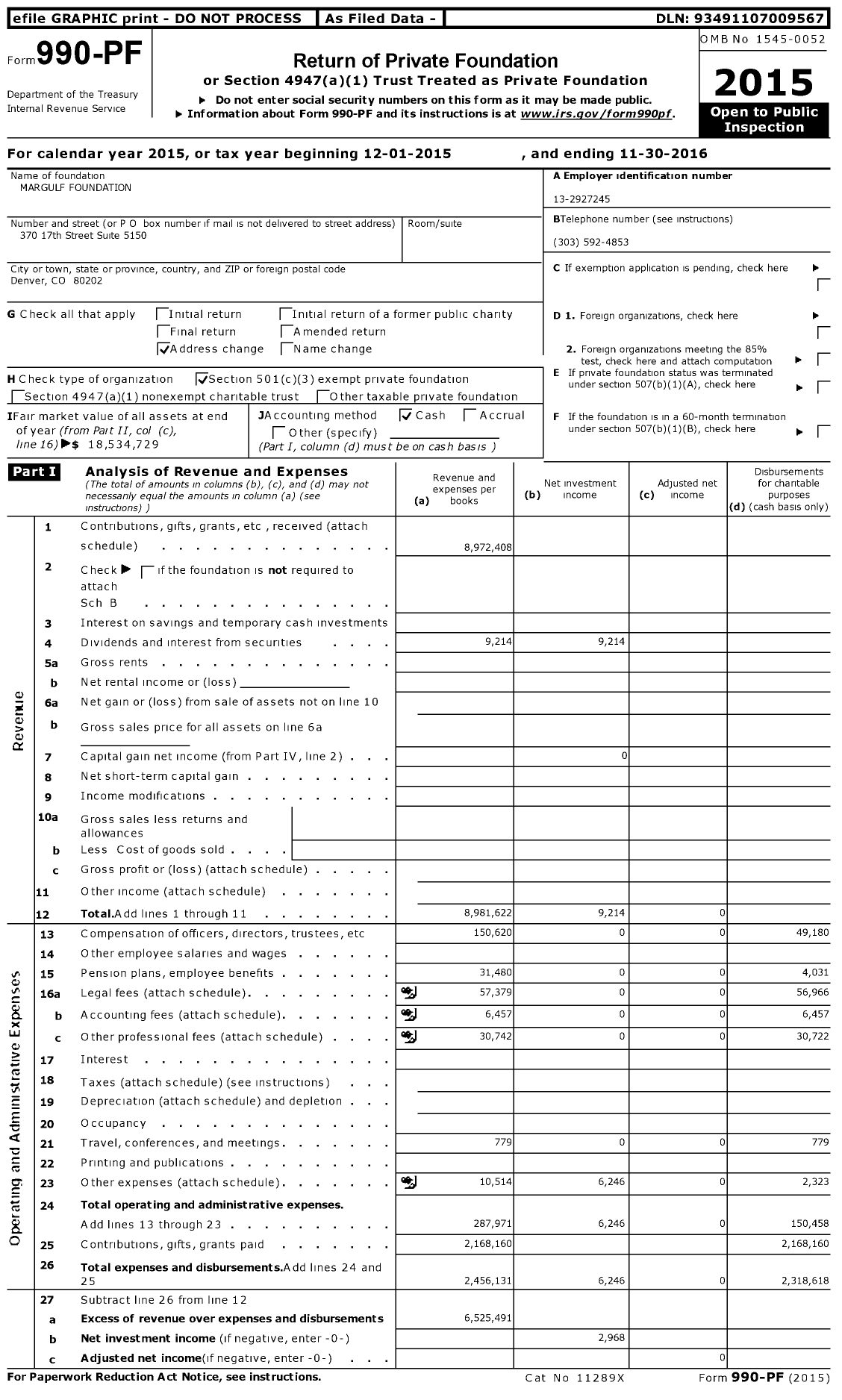 Image of first page of 2015 Form 990PF for Margulf Foundation
