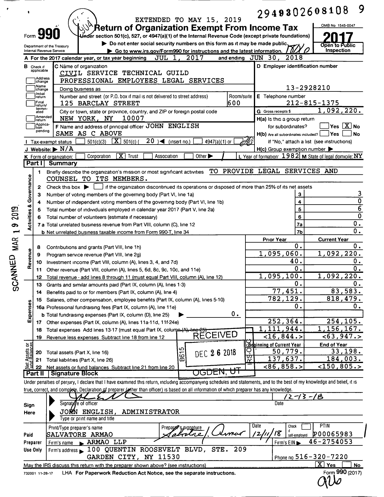 Image of first page of 2017 Form 990O for Civil Service Technical Guild Professional Employees Legal Services