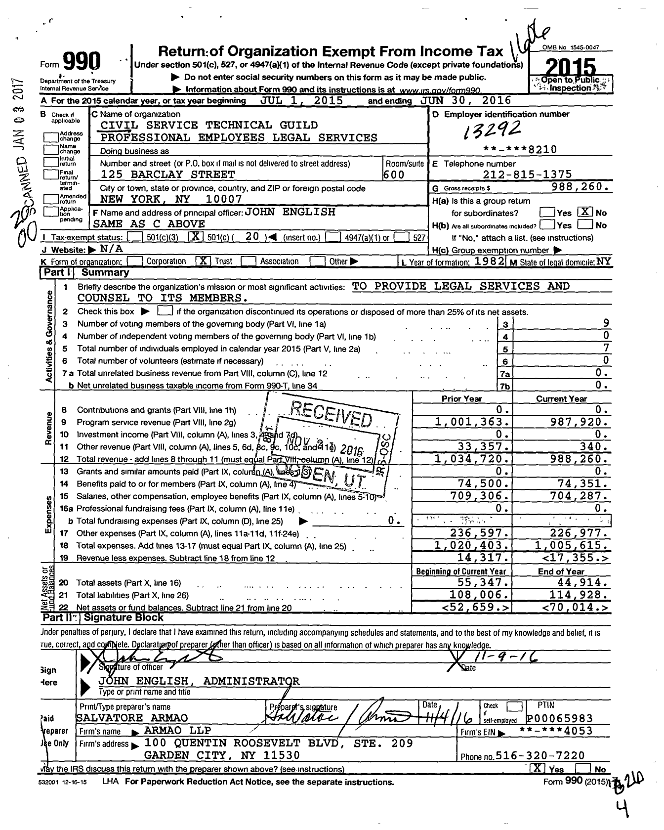 Image of first page of 2015 Form 990O for Civil Service Technical Guild Professional Employees Legal Services