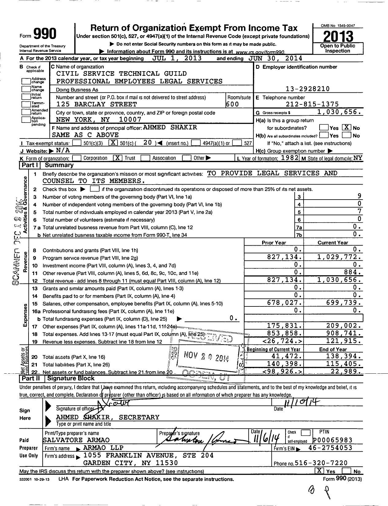 Image of first page of 2013 Form 990O for Civil Service Technical Guild Professional Employees Legal Services