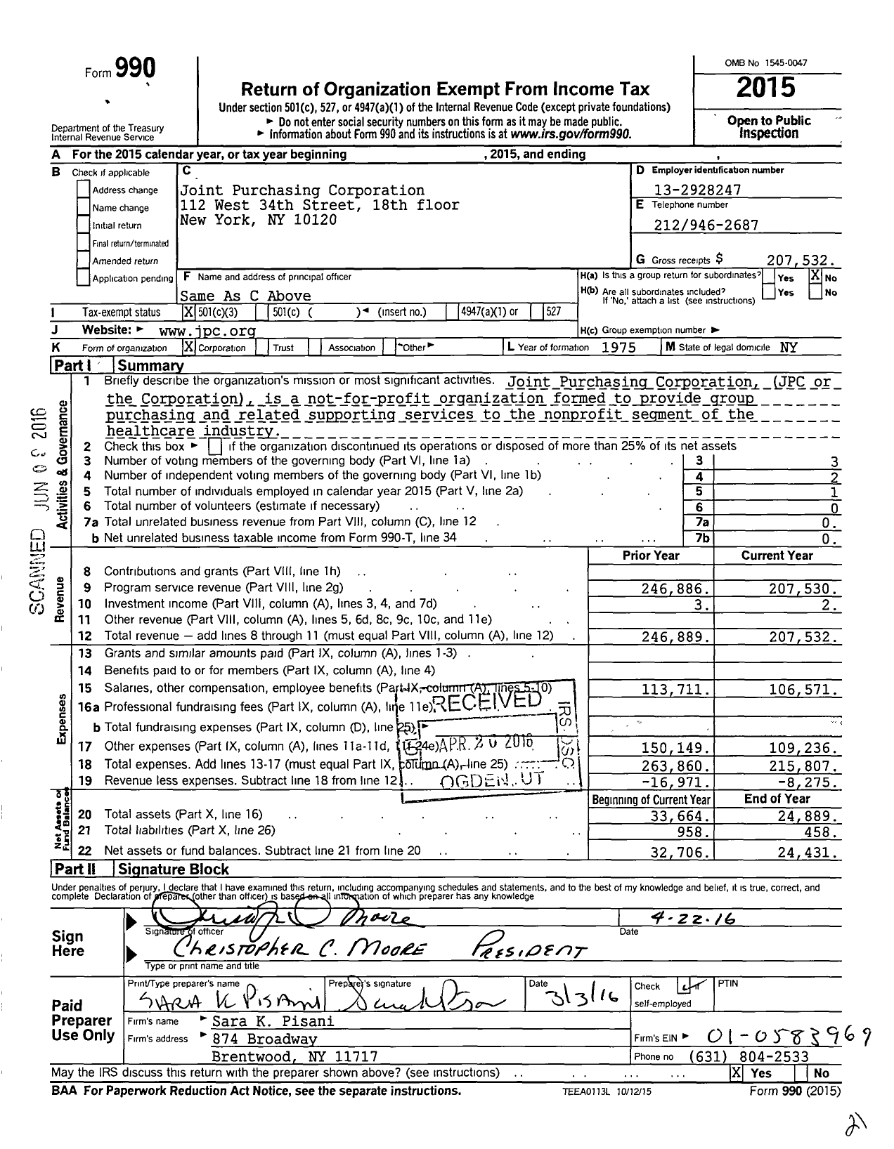 Image of first page of 2015 Form 990 for Joint Purchasing Corporation