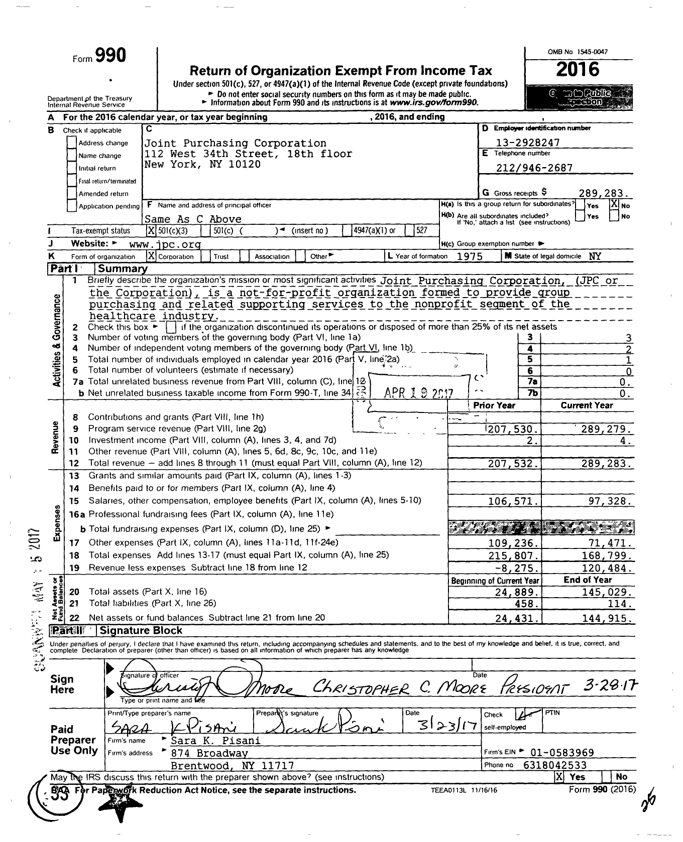 Image of first page of 2016 Form 990 for Joint Purchasing Corporation