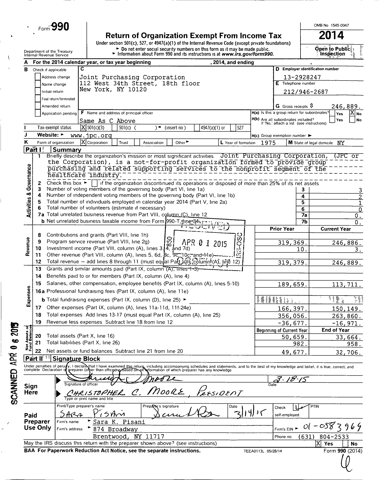 Image of first page of 2014 Form 990 for Joint Purchasing Corporation