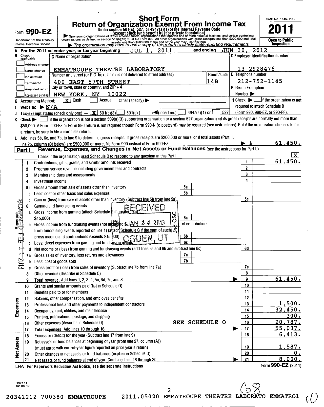 Image of first page of 2011 Form 990EZ for Emmatroupe Theatre Laboratory