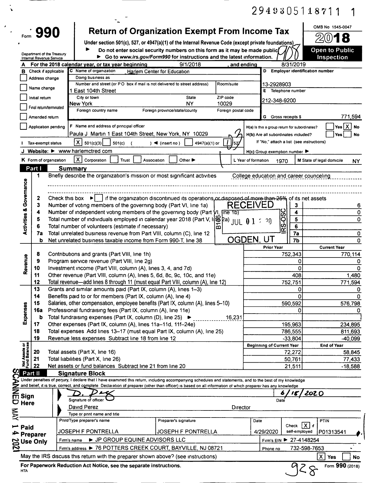 Image of first page of 2018 Form 990 for Harlem Center for Education
