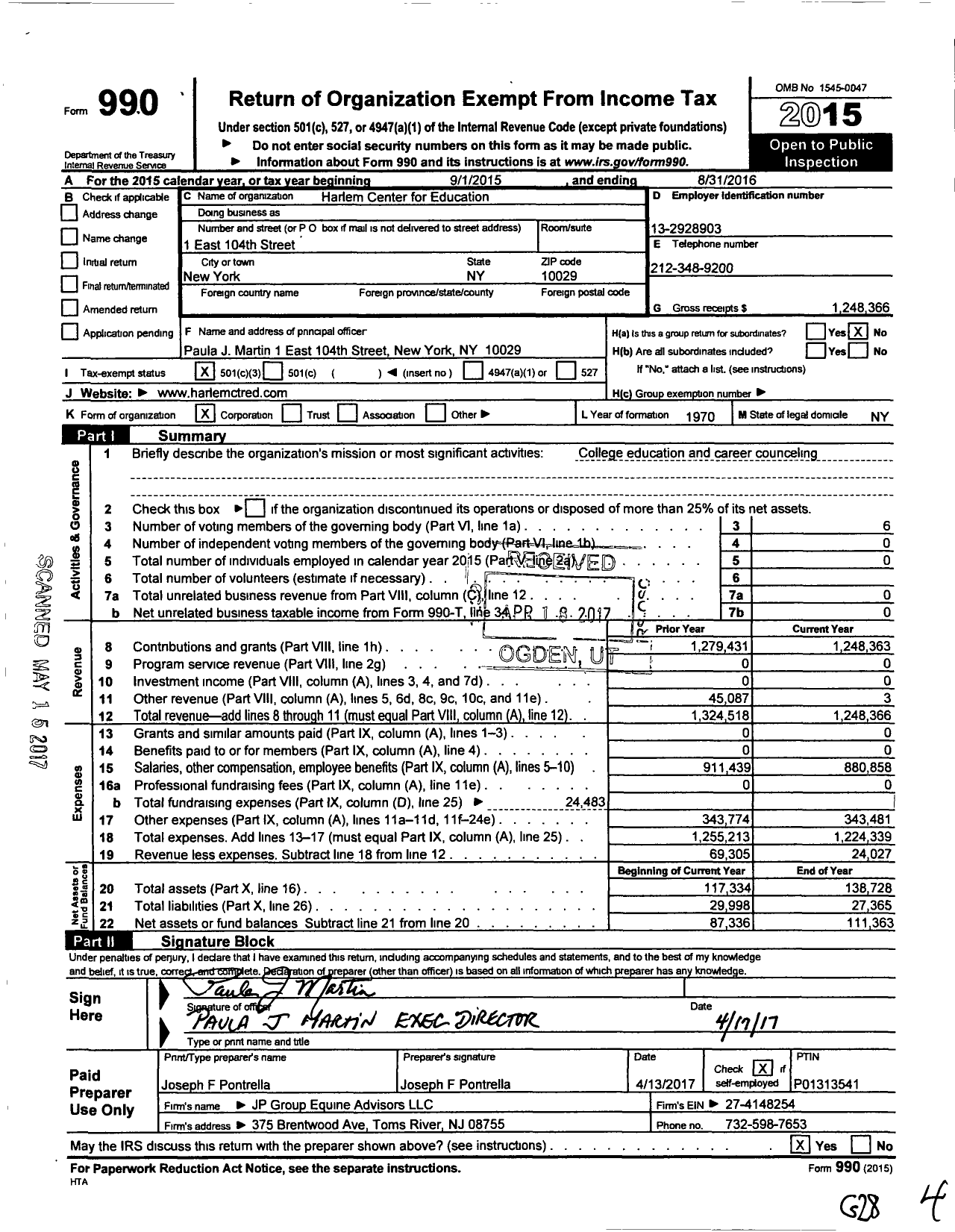 Image of first page of 2015 Form 990 for Harlem Center for Education