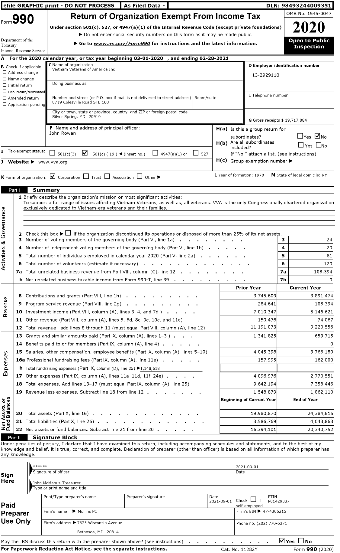 Image of first page of 2020 Form 990O for Vietnam Veterans of America