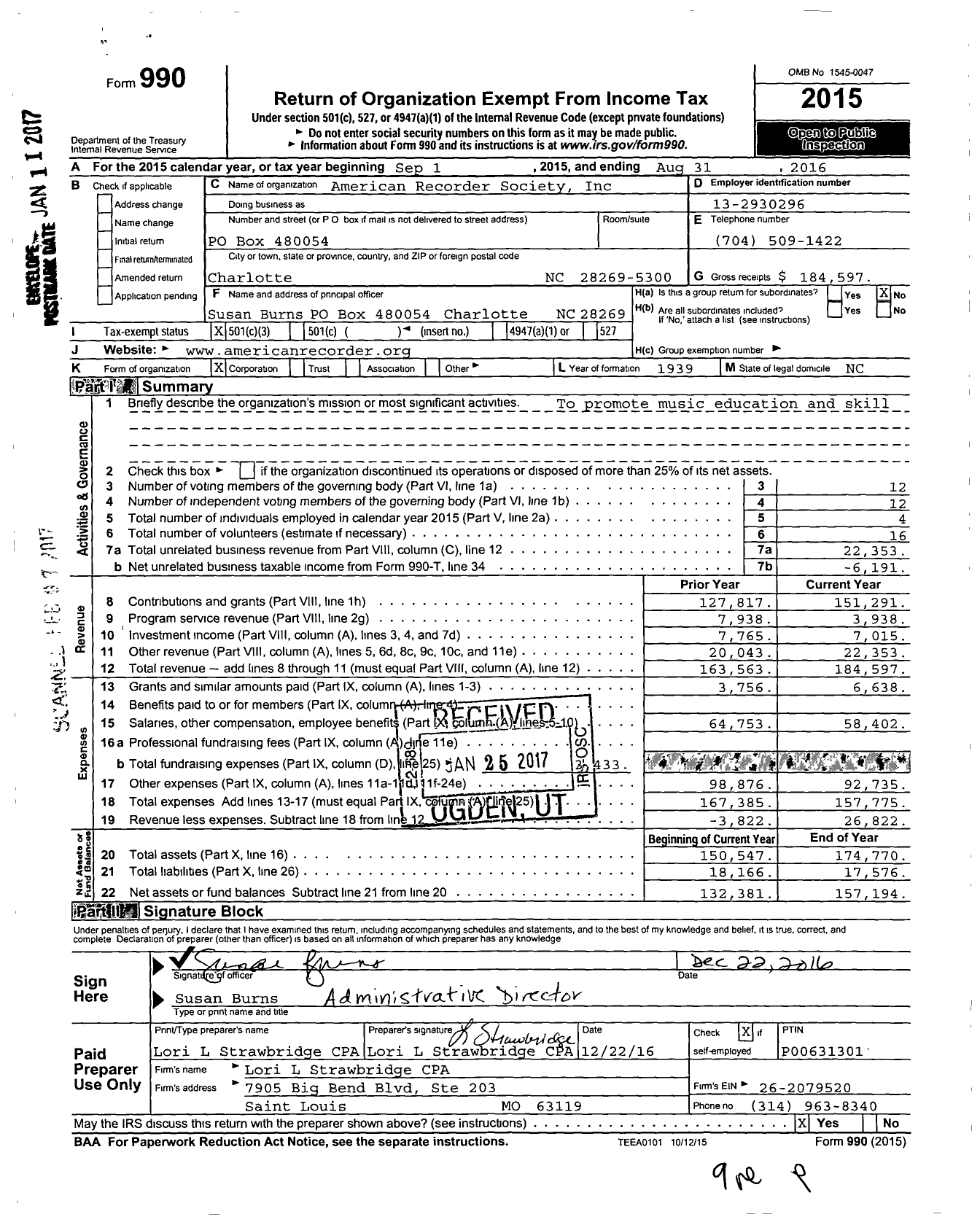 Image of first page of 2015 Form 990 for American Recorder Society