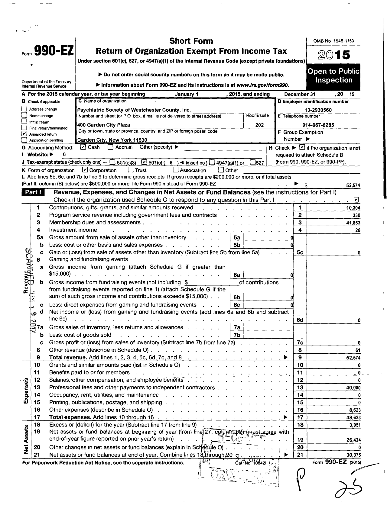 Image of first page of 2015 Form 990EO for Psychiatric Society of Westchester County